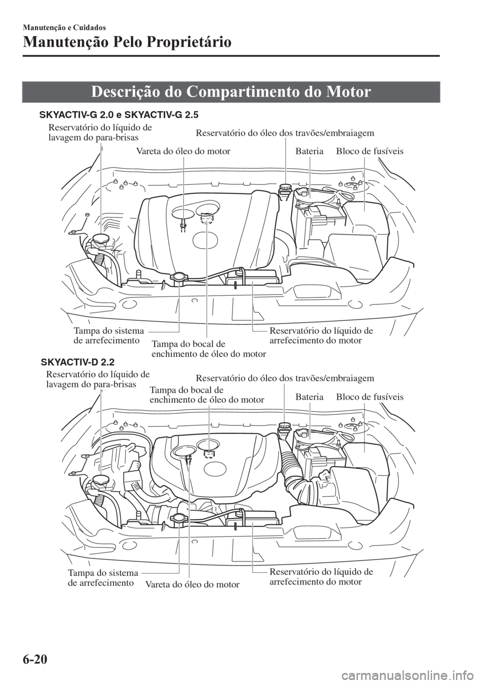 MAZDA MODEL CX-5 2018 Manual do proprietário (in Portuguese) Descrição do Compartimento do Motor
Tampa do bocal de
enchimento de óleo do motor
Vareta do óleo do motorBateria
Tampa do sistema
de arrefecimentoReservatório do líquido de
arrefecimento do m MAZDA MODEL CX-5 2018 Manual do proprietário (in Portuguese) Descrição do Compartimento do Motor
Tampa do bocal de
enchimento de óleo do motor
Vareta do óleo do motorBateria
Tampa do sistema
de arrefecimentoReservatório do líquido de
arrefecimento do m