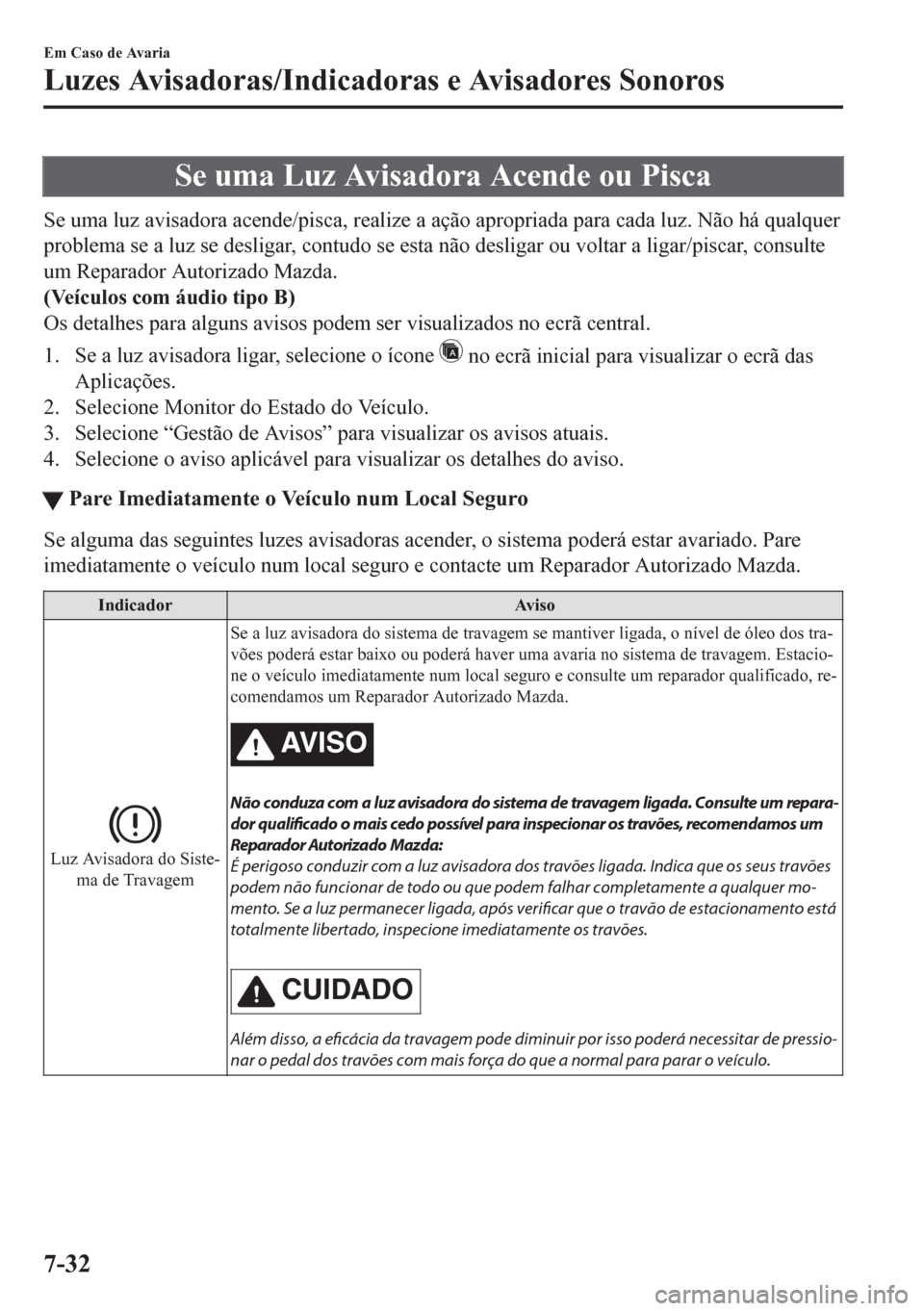 MAZDA MODEL CX-5 2018  Manual do proprietário (in Portuguese) Se uma Luz Avisadora Acende ou Pisca
Se uma luz avisadora acende/pisca, realize a ação apropriada para cada luz. Não há qualquer
problema se a luz se desligar, contudo se esta não desligar ou vol