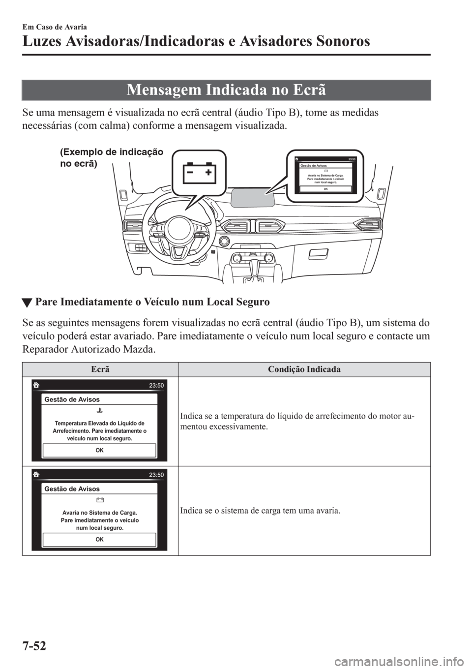 MAZDA MODEL CX-5 2018 Manual do proprietário (in Portuguese) Mensagem Indicada no Ecrã
Se uma mensagem é visualizada no ecrã central (áudio Tipo B), tome as medidas
necessárias (com calma) conforme a mensagem visualizada.
(Exemplo de indicação
no ecr MAZDA MODEL CX-5 2018 Manual do proprietário (in Portuguese) Mensagem Indicada no Ecrã
Se uma mensagem é visualizada no ecrã central (áudio Tipo B), tome as medidas
necessárias (com calma) conforme a mensagem visualizada.
(Exemplo de indicação
no ecr