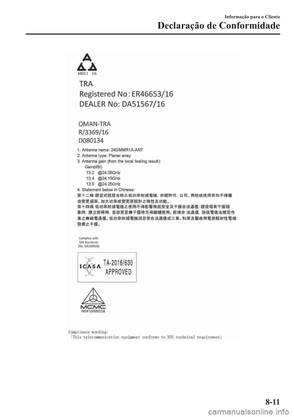 MAZDA MODEL CX-5 2018 Manual do proprietário (in Portuguese) Informação para o Cliente
Declaração de Conformidade
8-11 MAZDA MODEL CX-5 2018 Manual do proprietário (in Portuguese) Informação para o Cliente
Declaração de Conformidade
8-11