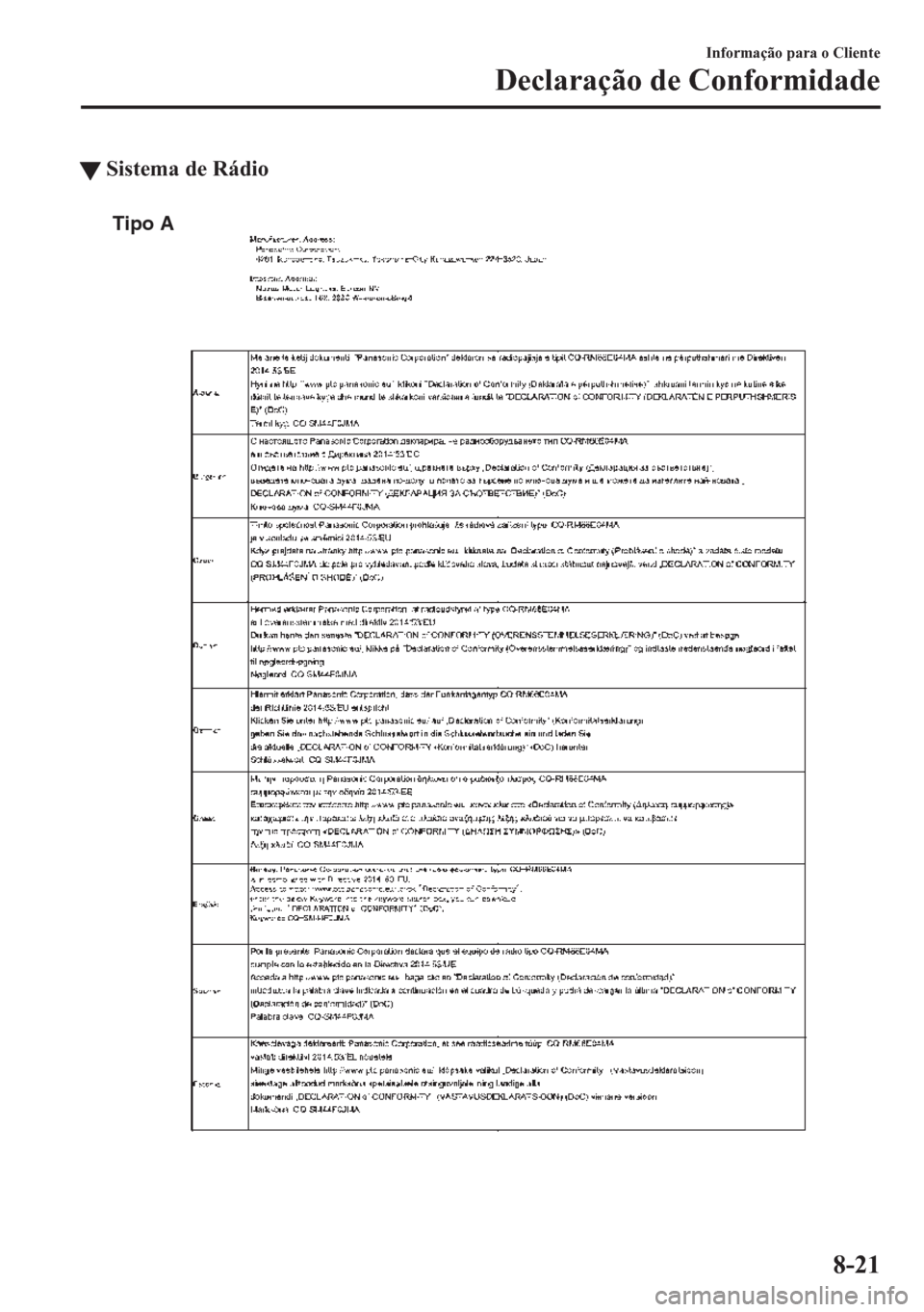 MAZDA MODEL CX-5 2018 Manual do proprietário (in Portuguese) tSistema de Rádio
Tipo A
Informação para o Cliente
Declaração de Conformidade
8-21 MAZDA MODEL CX-5 2018 Manual do proprietário (in Portuguese) tSistema de Rádio
Tipo A
Informação para o Cliente
Declaração de Conformidade
8-21