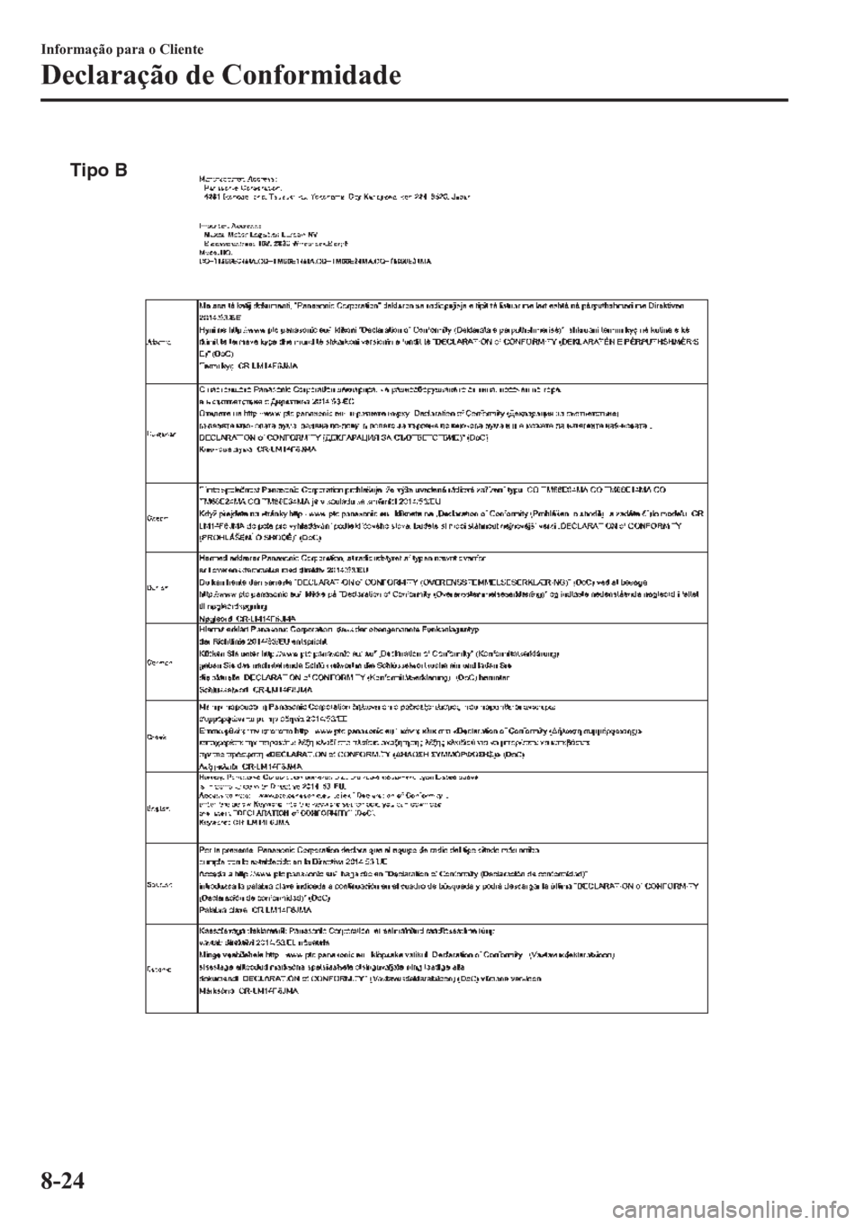MAZDA MODEL CX-5 2018 Manual do proprietário (in Portuguese) Tipo B
Informação para o Cliente
Declaração de Conformidade
8-24 MAZDA MODEL CX-5 2018 Manual do proprietário (in Portuguese) Tipo B
Informação para o Cliente
Declaração de Conformidade
8-24