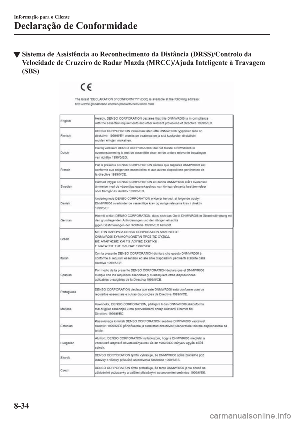 MAZDA MODEL CX-5 2018  Manual do proprietário (in Portuguese) tSistema de Assistência ao Reconhecimento da Distância (DRSS)/Controlo da
Velocidade de Cruzeiro de Radar Mazda (MRCC)/Ajuda Inteligente à Travagem
(SBS)
Informação para o Cliente
Declaração de