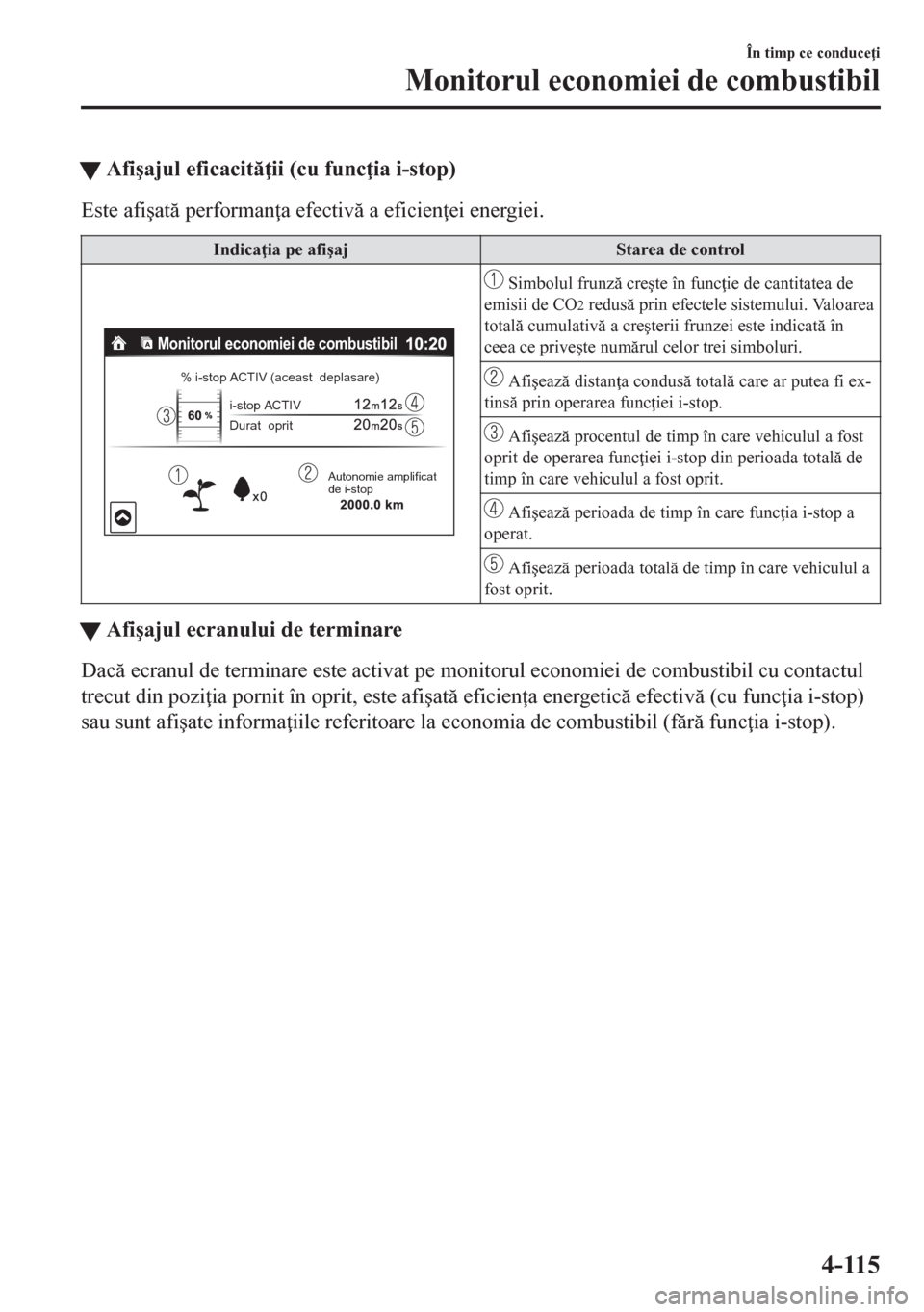 MAZDA MODEL CX-5 2018  Manualul de utilizare (in Romanian) tAfi�úajul eficacit ii (cu func ia i-stop)
Este afi�úat performan a efectiv a eficien ei energiei.
Indica ia pe afi�úaj Starea de control
Autonomie amplificat  
de i-stop
% i-stop ACTIV 