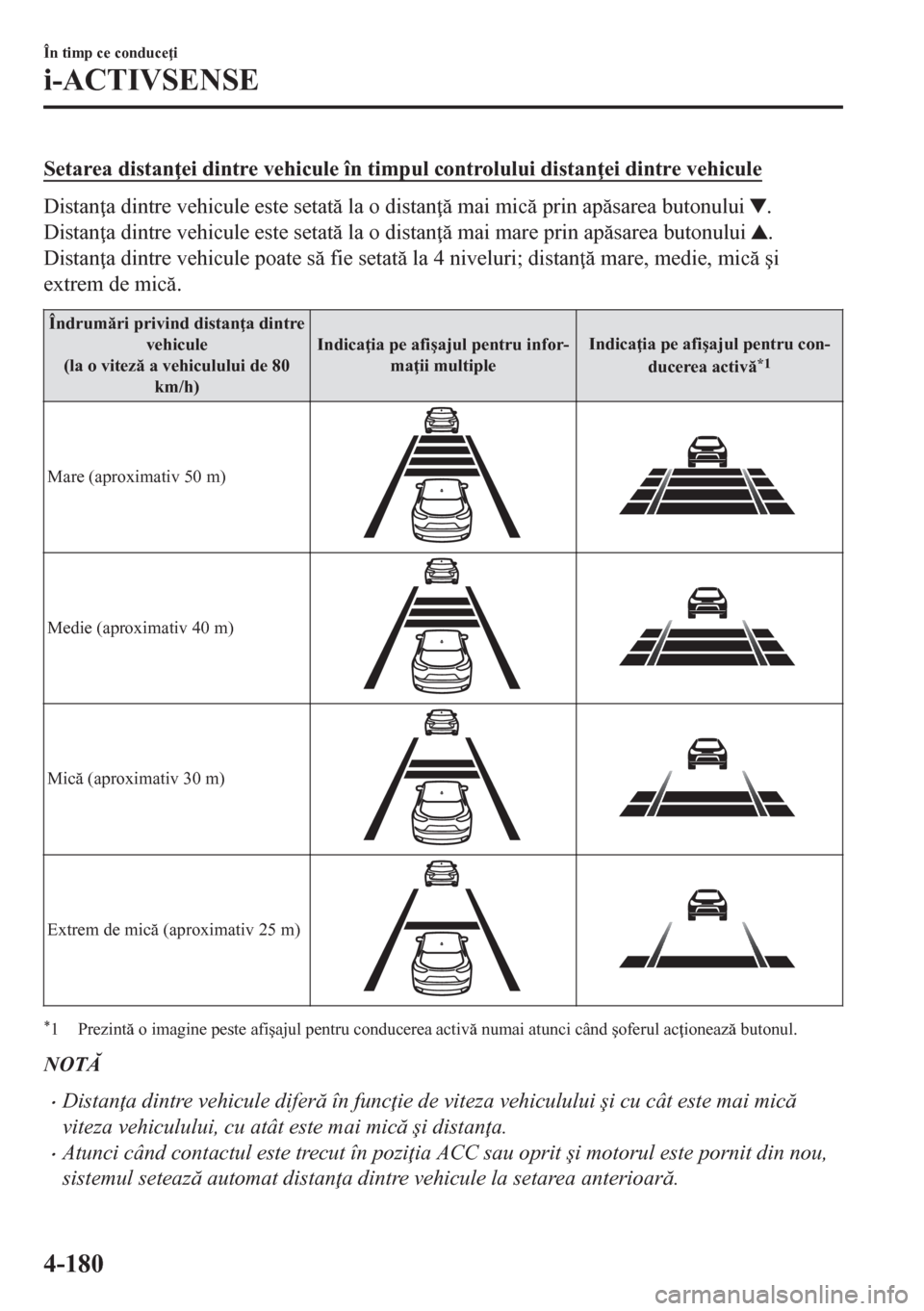 MAZDA MODEL CX-5 2018  Manualul de utilizare (in Romanian) Setarea distan ei dintre vehicule în timpul controlului distan ei dintre vehicule
Distan a dintre vehicule este setat la o distan  mai mic prin apsarea butonului .
Distan a dintre vehicu