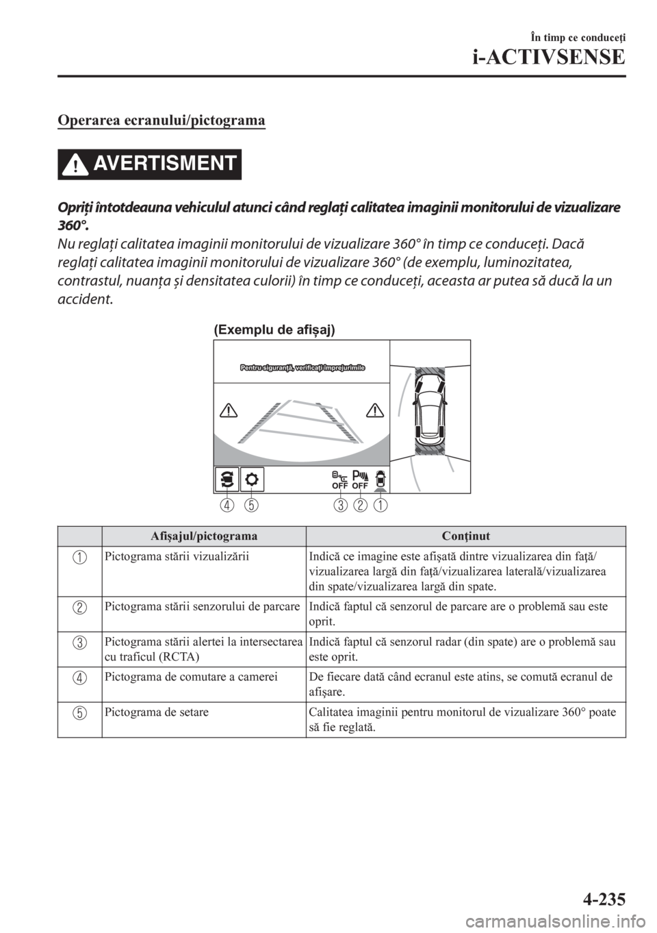 MAZDA MODEL CX-5 2018  Manualul de utilizare (in Romanian) Operarea ecranului/pictograma
AVERTISMENT
Opriţi întotdeauna vehiculul atunci când reglaţi calitatea imaginii monitorului de vizualizare
360°.
Nu reglaţi calitatea imaginii monitorului de vizual