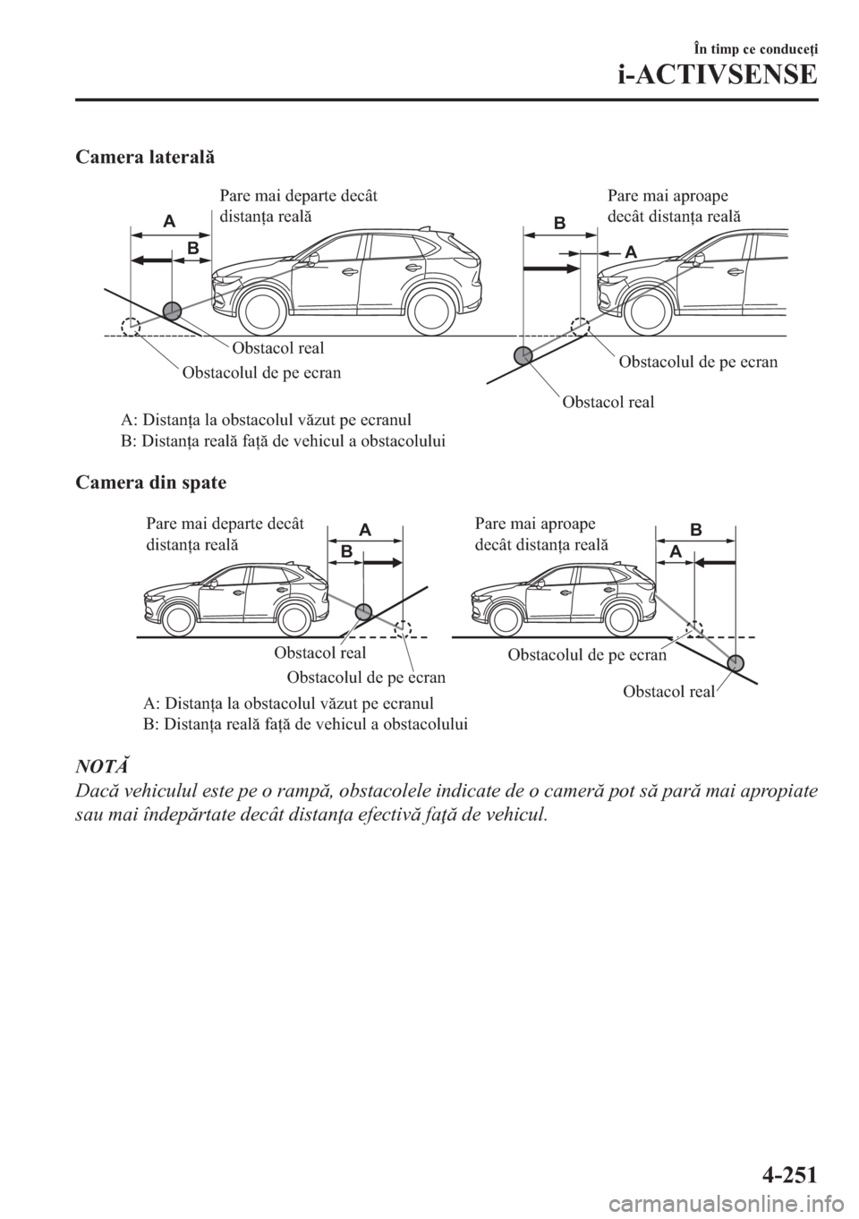 MAZDA MODEL CX-5 2018  Manualul de utilizare (in Romanian) Camera lateral
 Obstacol real
 Obstacol real
A: Distanța la obstacolul văzut pe ecranul 
B: Distanța reală față de vehicul a obstacoluluiObstacolul de pe ecranObstacolul de pe ecran Pare mai d