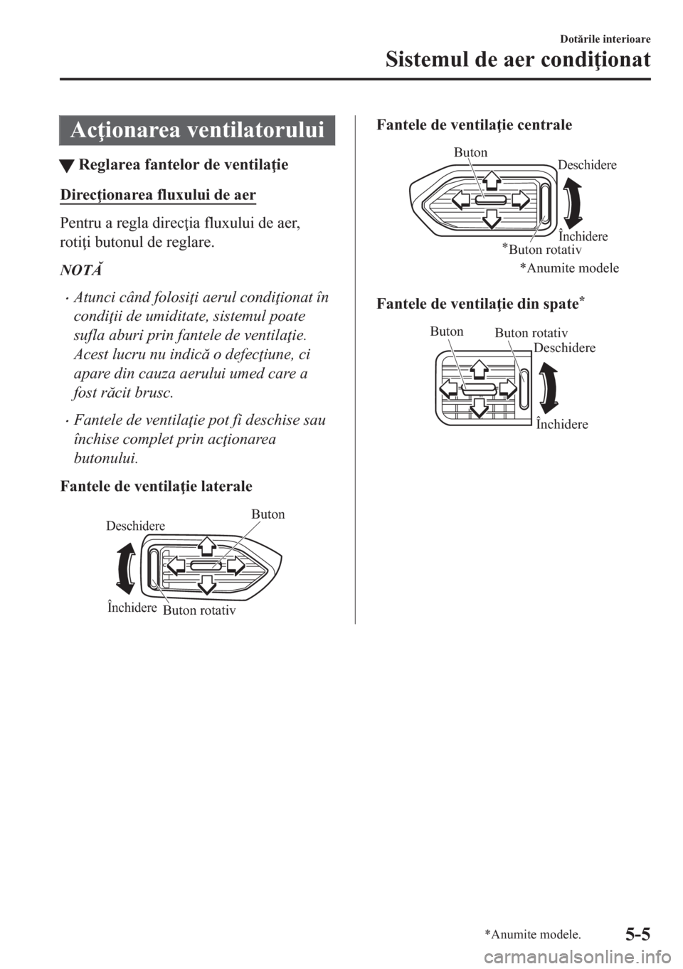MAZDA MODEL CX-5 2018  Manualul de utilizare (in Romanian) Ac ionarea ventilatorului
tReglarea fantelor de ventila ie
Direc ionarea fluxului de aer
Pentru a regla direc ia fluxului de aer,
roti i butonul de reglare.
NOT
•Atunci când folosi i aerul 