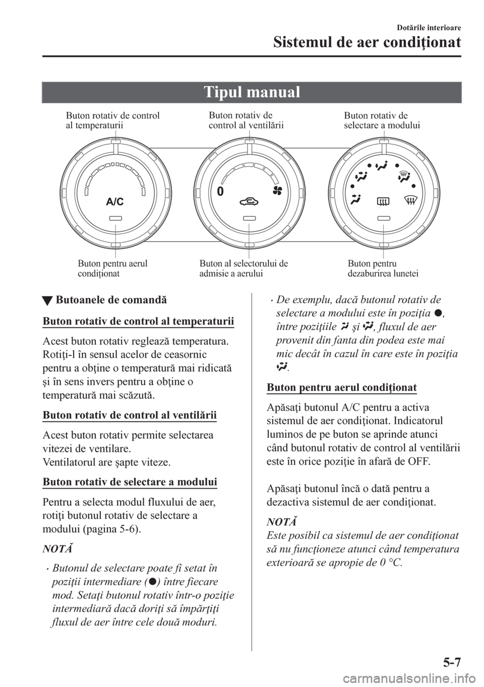 MAZDA MODEL CX-5 2018  Manualul de utilizare (in Romanian) Tipul manual
Buton rotativ de control 
al temperaturii Buton rotativ de 
control al ventilăriiButon rotativ de 
selectare a modului
Buton pentru aerul 
condiționatButon al selectorului de 
admisie a