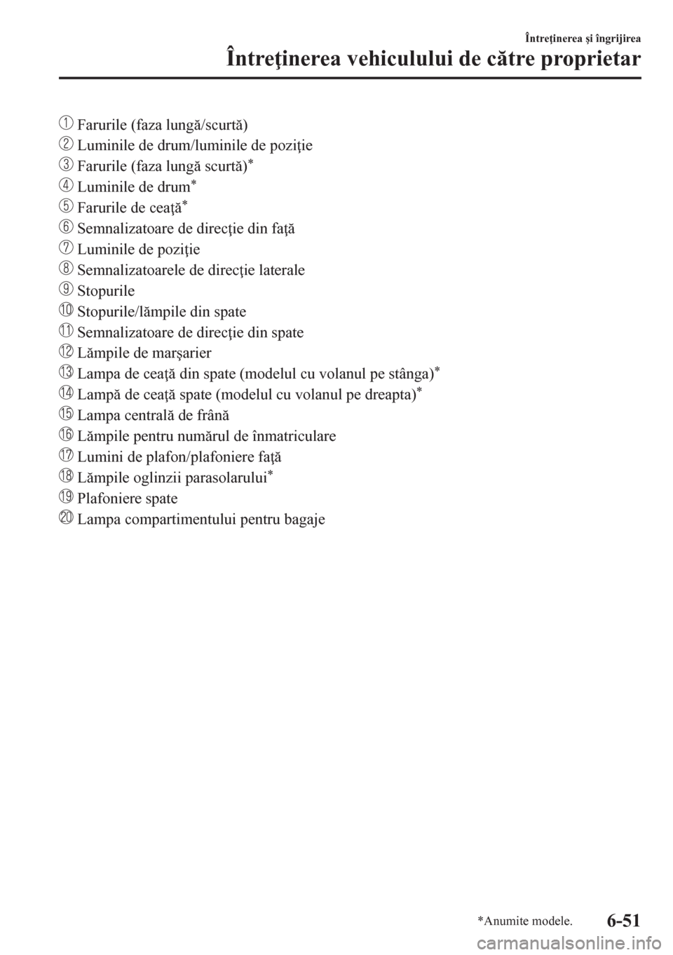 MAZDA MODEL CX-5 2018  Manualul de utilizare (in Romanian)  Farurile (faza lung/scurt)
 Luminile de drum/luminile de pozi ie
 Farurile (faza lung scurt)*
 Luminile de drum*
 Farurile de cea *
 Semnalizatoare de direc ie din fa 
 Luminile de po