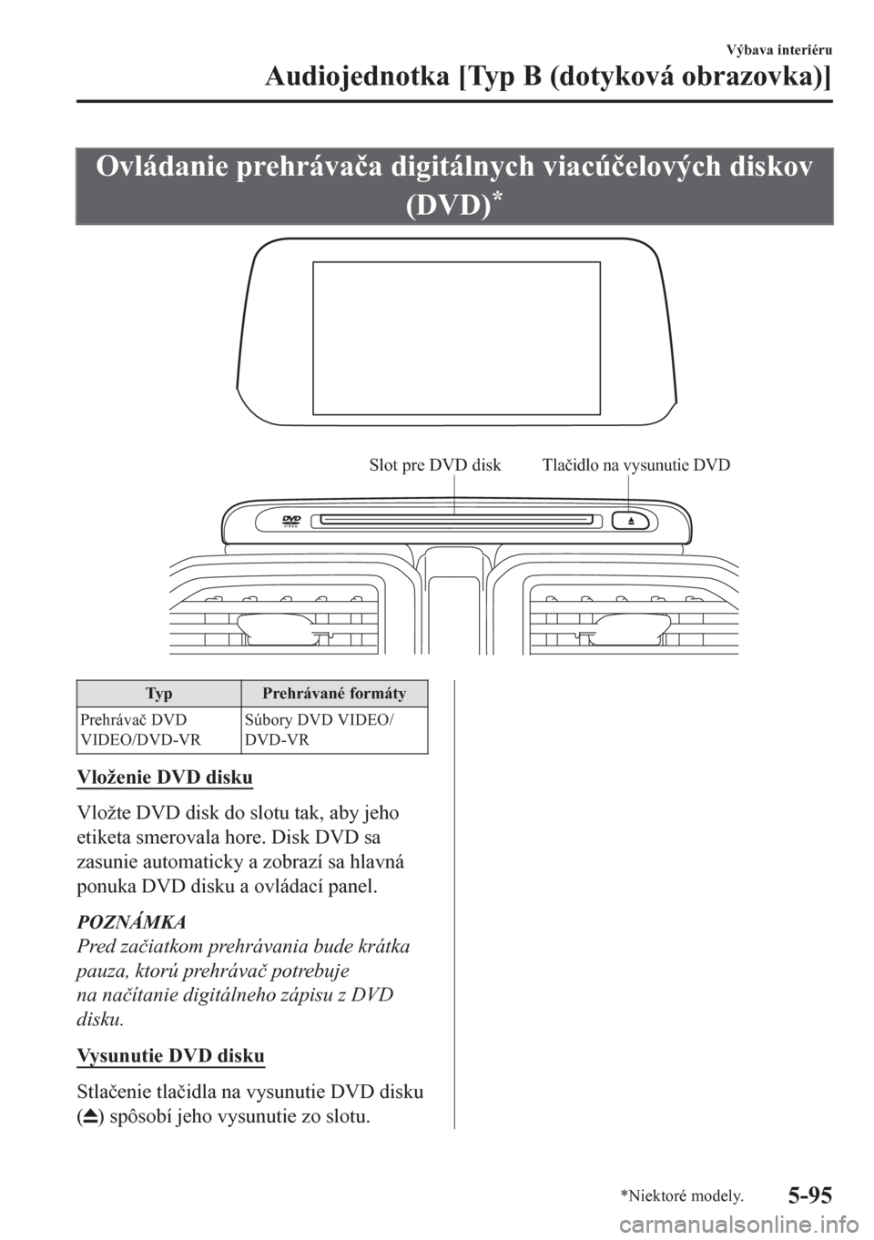 MAZDA MODEL CX-5 2018  Užívateľská príručka (in Slovak) Ovládanie prehráva�þa digitálnych viacú�þelových diskov
(DVD)
*
Slot pre DVD diskTlačidlo na vysunutie DVD
Typ Prehrávané formáty
Prehráva�þ DVD
VIDEO/DVD-VRSúbory DVD VIDEO/
DVD-VR
Vlo
