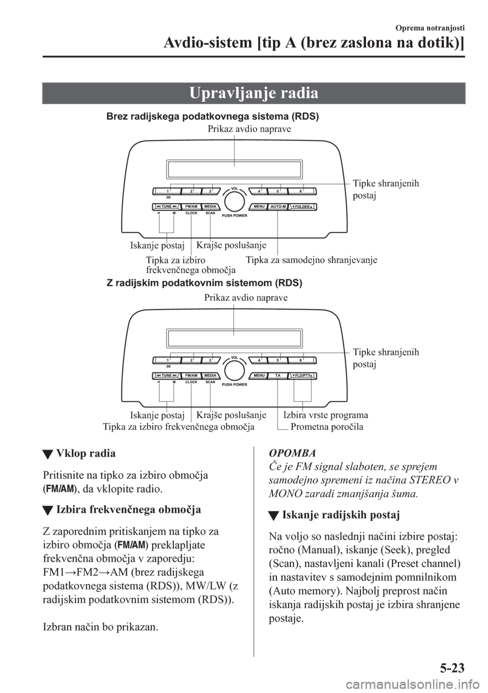 MAZDA MODEL CX-5 2018  Priročnik za lastnika (in Slovenian) Upravljanje radia
Brez radijskega podatkovnega sistema (RDS)
Z radijskim podatkovnim sistemom (RDS)
Tipka za izbiro frekvenčnega območja Prometna poročilaTipke shranjenih 
postaj
Krajše poslušanj
