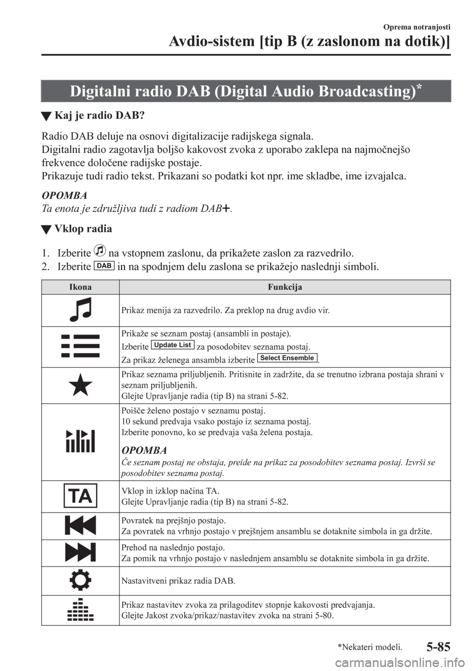 MAZDA MODEL CX-5 2018  Priročnik za lastnika (in Slovenian) Digitalni radio DAB (Digital Audio Broadcasting)*
tKaj je radio DAB?
Radio DAB deluje na osnovi digitalizacije radijskega signala.
Digitalni radio zagotavlja boljšo kakovost zvoka z uporabo zaklepa n