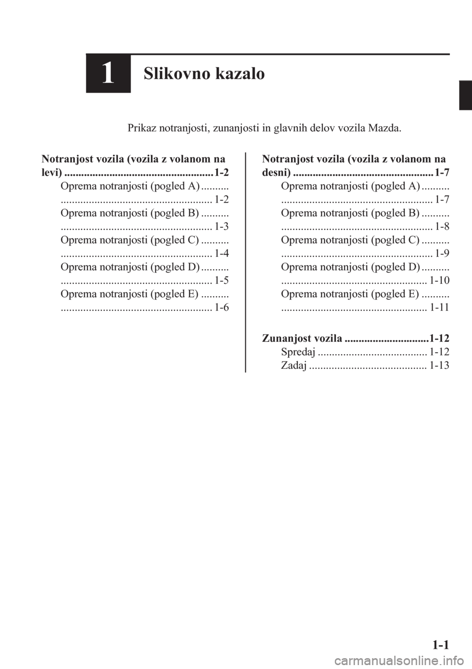 MAZDA MODEL CX-5 2018  Priročnik za lastnika (in Slovenian) 1Slikovno kazalo
Prikaz notranjosti, zunanjosti in glavnih delov vozila Mazda.
Notranjost vozila (vozila z volanom na
levi) ..................................................... 1-2
Oprema notranjosti