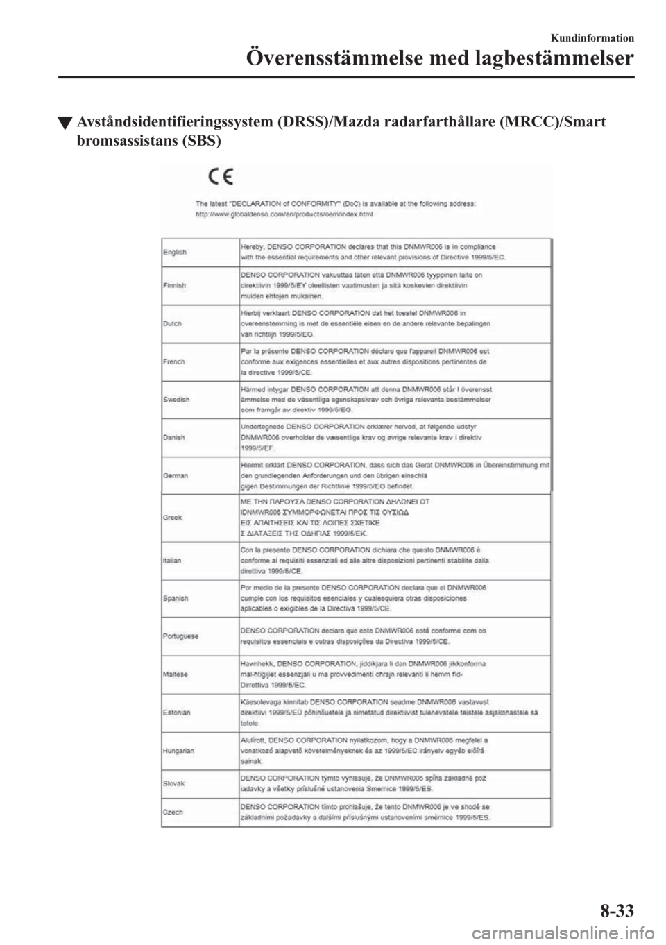 MAZDA MODEL CX-5 2018  Ägarmanual (in Swedish) tAvståndsidentifieringssystem (DRSS)/Mazda radarfarthållare (MRCC)/Smart
bromsassistans (SBS)
Kundinformation
Överensstämmelse med lagbestämmelser
8-33 