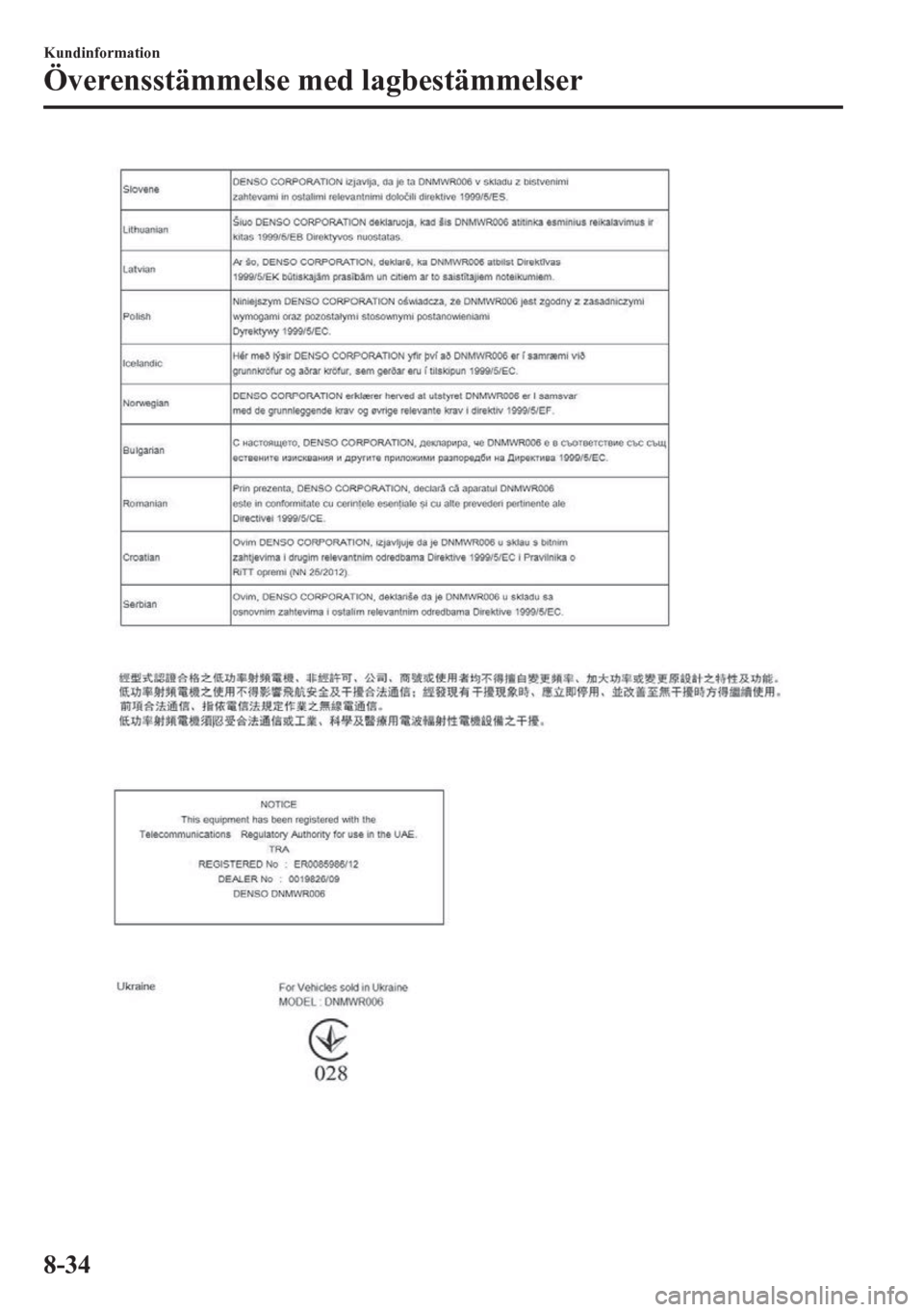 MAZDA MODEL CX-5 2018  Ägarmanual (in Swedish) Kundinformation
Överensstämmelse med lagbestämmelser
8-34 