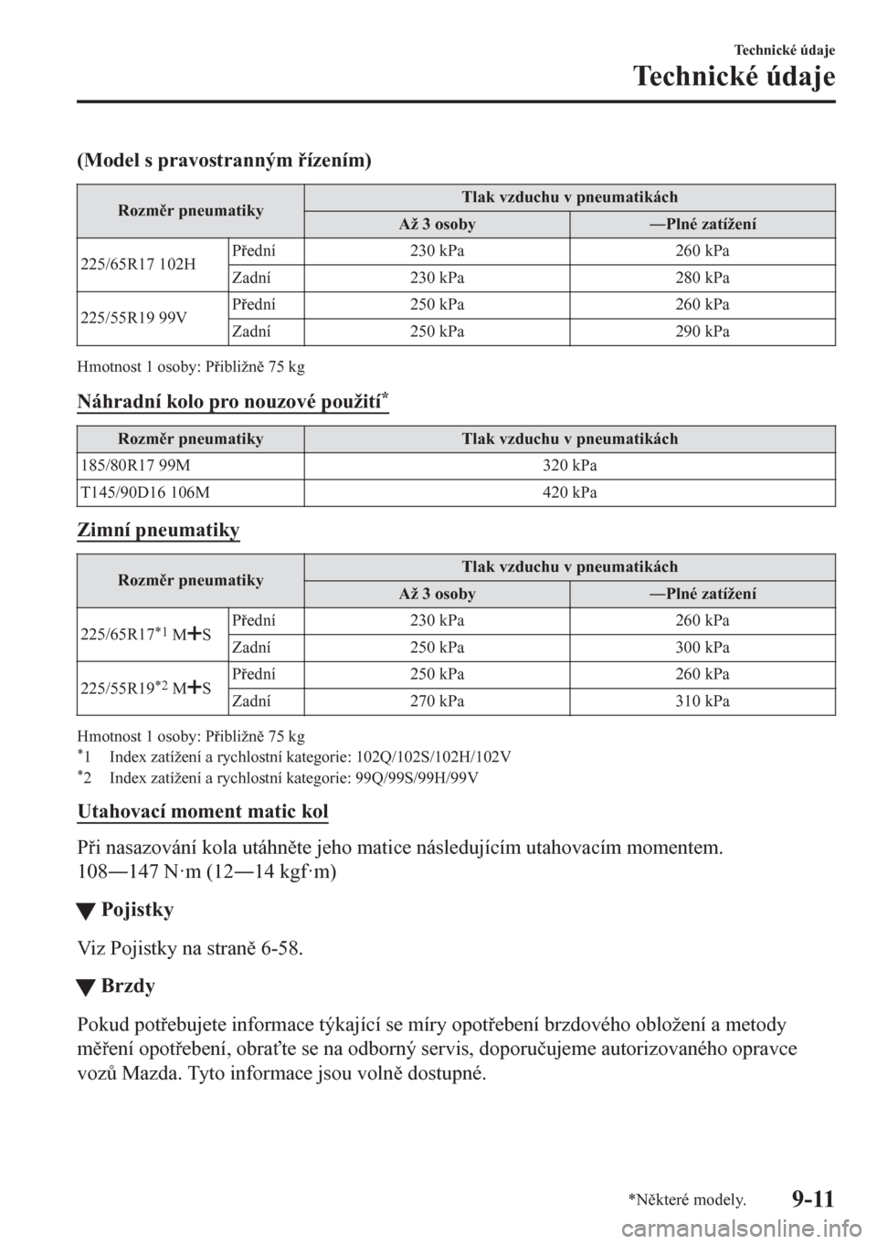 MAZDA MODEL CX-5 2018  Návod k obsluze (in Czech) (Model s pravostranným ízením)
Rozmr pneumatikyTlak vzduchu v pneumatikách
Až 3 osobyŠPlné zatížení
225/65R17 102HPední 230 kPa 260 kPa
Zadní 230 kPa 280 kPa
225/55R19 99VPední 2