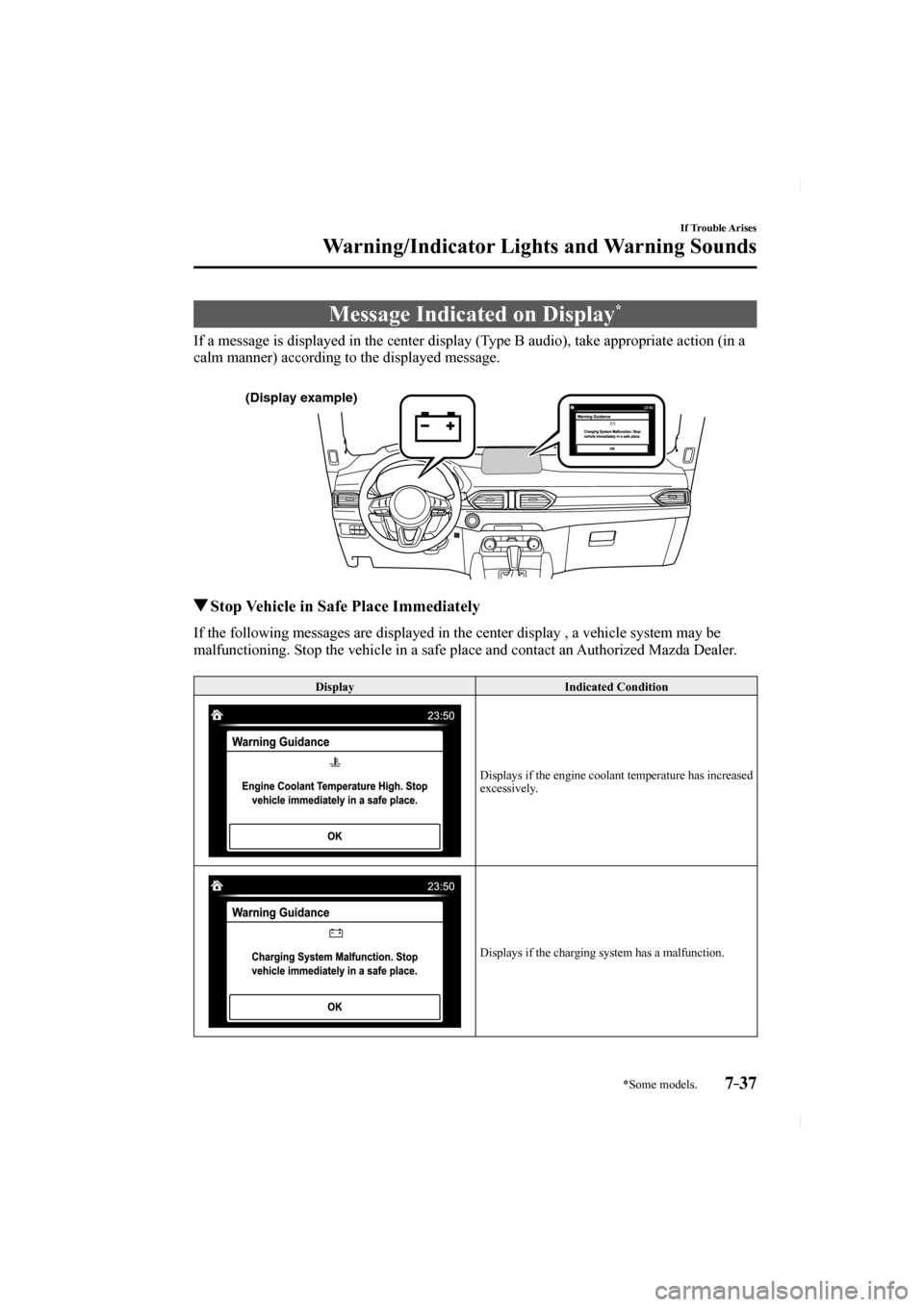 MAZDA MODEL CX-5 2017 Owners Manual (in English) 7–37
If Trouble Arises
Warning/Indicator Lights and Warning Sounds
*Some models.
Message Indicated on Display *
If a message is displayed in the center display (Type B audio), take app MAZDA MODEL CX-5 2017 Owners Manual (in English) 7–37
If Trouble Arises
Warning/Indicator Lights and Warning Sounds
*Some models.
Message Indicated on Display *
If a message is displayed in the center display (Type B audio), take app