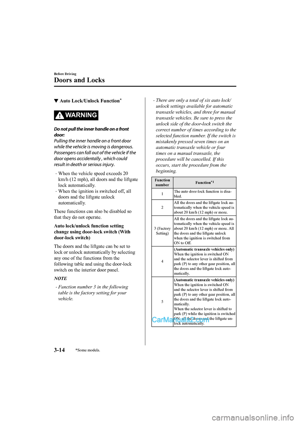 MAZDA MODEL CX-5 2017 Owners Manual - RHD (UK, Australia) (in English) ▼Auto Lock/Unlock Function*
WA R N I N G
Do not pull the inner handle on a front
door:
Pulling the inner handle on a front door
while the vehicle is moving is dangerous.
Passengers can fall out of t MAZDA MODEL CX-5 2017 Owners Manual - RHD (UK, Australia) (in English) ▼Auto Lock/Unlock Function*
WA R N I N G
Do not pull the inner handle on a front
door:
Pulling the inner handle on a front door
while the vehicle is moving is dangerous.
Passengers can fall out of t