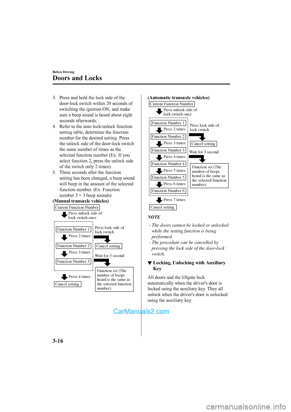 MAZDA MODEL CX-5 2017 Owners Manual - RHD (UK, Australia) (in English) 3. Press and hold the lock side of thedoor-lock switch within 20 seconds of
switching the ignition ON, and make
sure a beep sound is heard about eight
seconds afterwards.
4. Refer to the auto lock/un MAZDA MODEL CX-5 2017 Owners Manual - RHD (UK, Australia) (in English) 3. Press and hold the lock side of thedoor-lock switch within 20 seconds of
switching the ignition ON, and make
sure a beep sound is heard about eight
seconds afterwards.
4. Refer to the auto lock/un