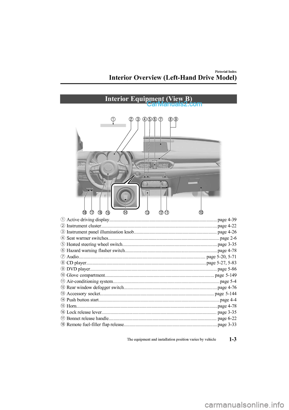 MAZDA MODEL CX-5 2017  Owners Manual - RHD (UK, Australia) (in English) Interior Equipment (View B)
ƒActive driving display........................................................................................... page 4-39
„ Instrument cluster......................