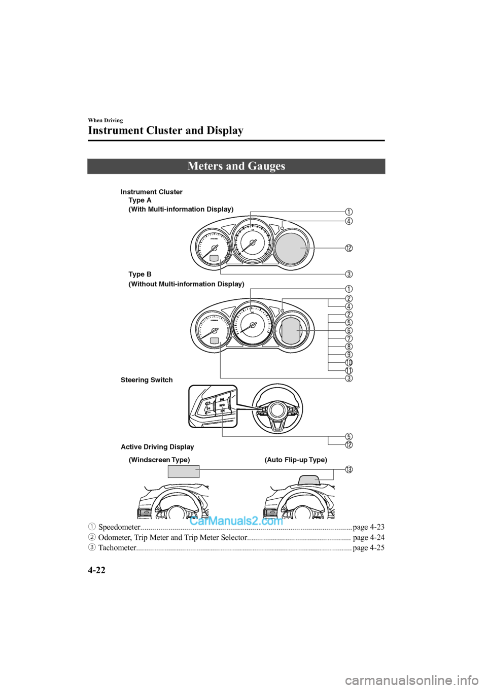 MAZDA MODEL CX-5 2017  Owners Manual - RHD (UK, Australia) (in English) Meters and Gauges
 
Steering Switch
Active Driving Display
Type A
(With Multi-information Display)
(Without Multi-information Display)
Instrument Cluster
Type B
(Windscreen Type) (Auto  Flip-up Type)

