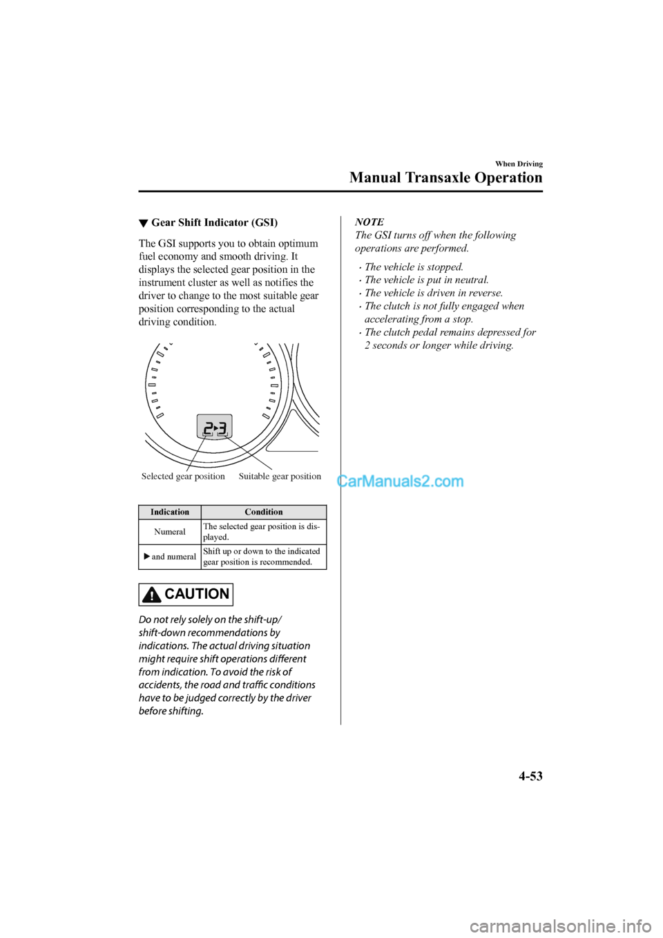MAZDA MODEL CX-5 2017 Owners Manual - RHD (UK, Australia) (in English) ▼Gear Shift Indicator (GSI)
The GSI supports you to obtain optimum
fuel economy and smooth driving. It
displays the selected gear position in the
instrument cluster as well as notifies the
driver to MAZDA MODEL CX-5 2017 Owners Manual - RHD (UK, Australia) (in English) ▼Gear Shift Indicator (GSI)
The GSI supports you to obtain optimum
fuel economy and smooth driving. It
displays the selected gear position in the
instrument cluster as well as notifies the
driver to