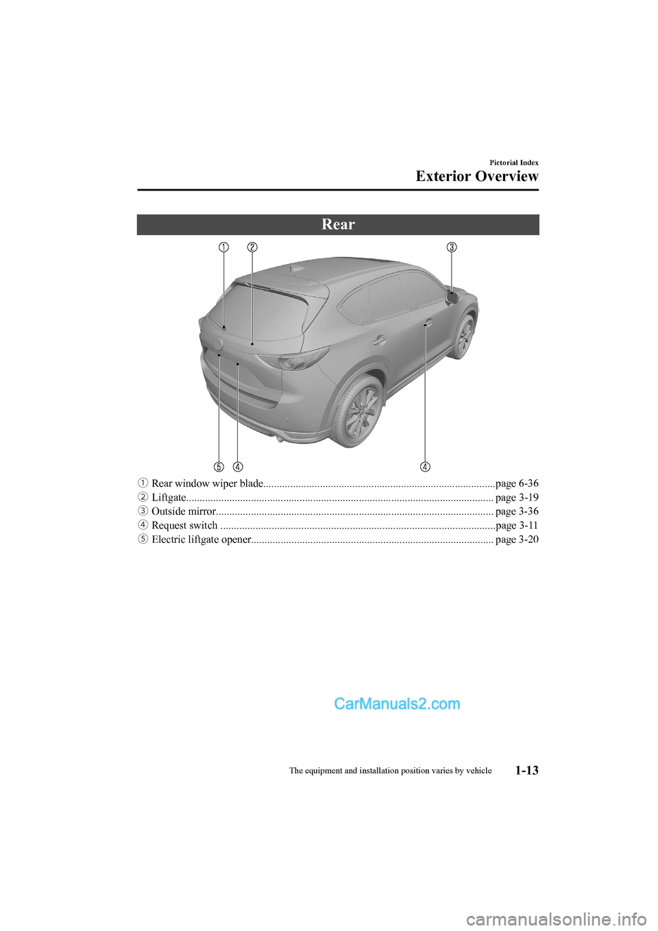 MAZDA MODEL CX-5 2017   - RHD (UK, Australia) (in English) Owners Guide Rear
ƒRear window wiper blade........................................ ..............................................page 6-36
„ Liftgate...........................................................