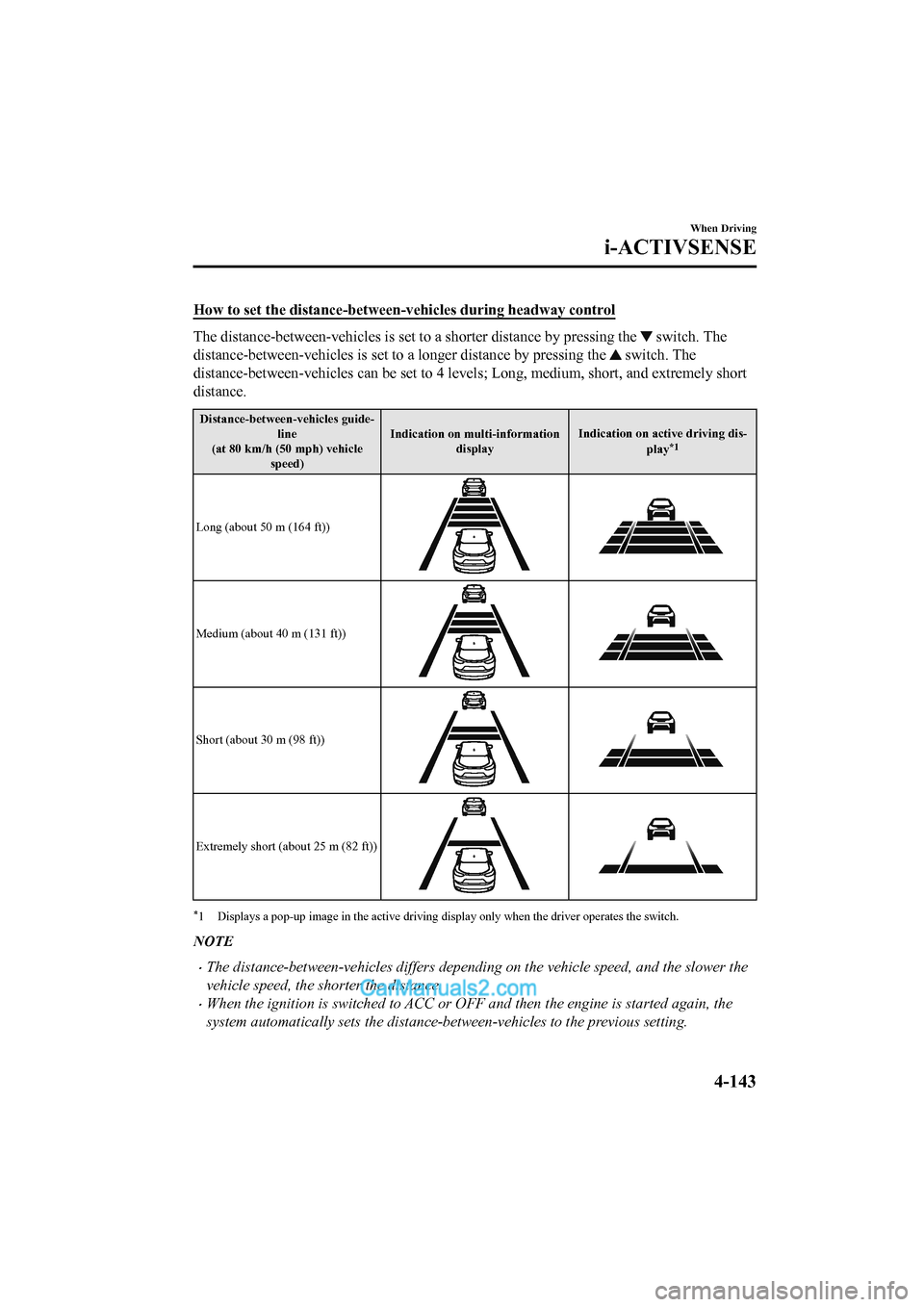 MAZDA MODEL CX-5 2017 Owners Manual - RHD (UK, Australia) (in English) How to set the distance-between-vehicles during headway control
The distance-between-vehicles is set to a shorter distance by pressing the switch. The
distance-between-vehicles is set to a longer dis MAZDA MODEL CX-5 2017 Owners Manual - RHD (UK, Australia) (in English) How to set the distance-between-vehicles during headway control
The distance-between-vehicles is set to a shorter distance by pressing the switch. The
distance-between-vehicles is set to a longer dis