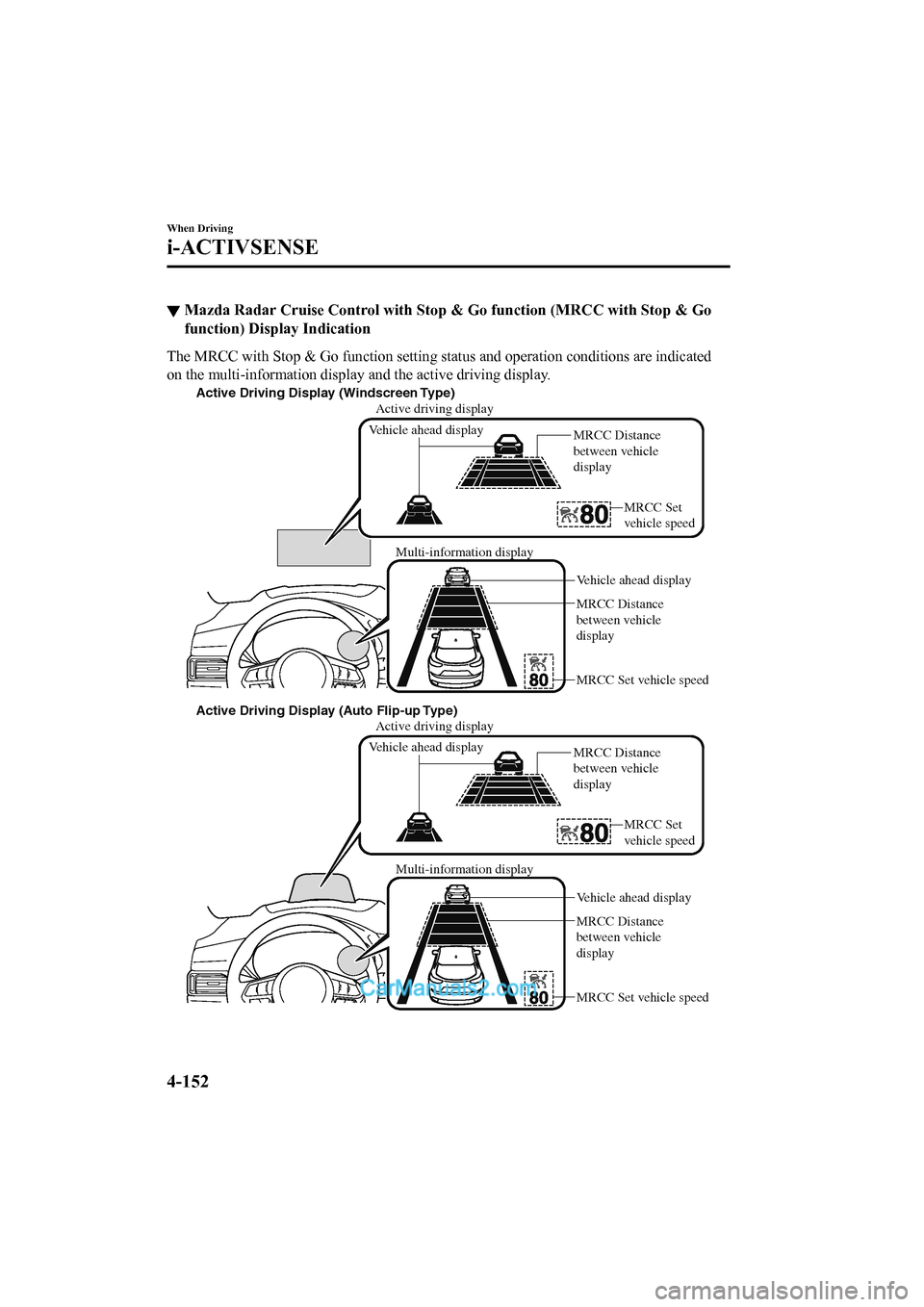 MAZDA MODEL CX-5 2017 Owners Manual - RHD (UK, Australia) (in English) ▼Mazda Radar Cruise Control with
Stop & Go function (MRCC with Stop & Go
function) Display Indication
The MRCC with Stop & Go function setting status and operation c onditions are indicated
on the MAZDA MODEL CX-5 2017 Owners Manual - RHD (UK, Australia) (in English) ▼Mazda Radar Cruise Control with
Stop & Go function (MRCC with Stop & Go
function) Display Indication
The MRCC with Stop & Go function setting status and operation c onditions are indicated
on the