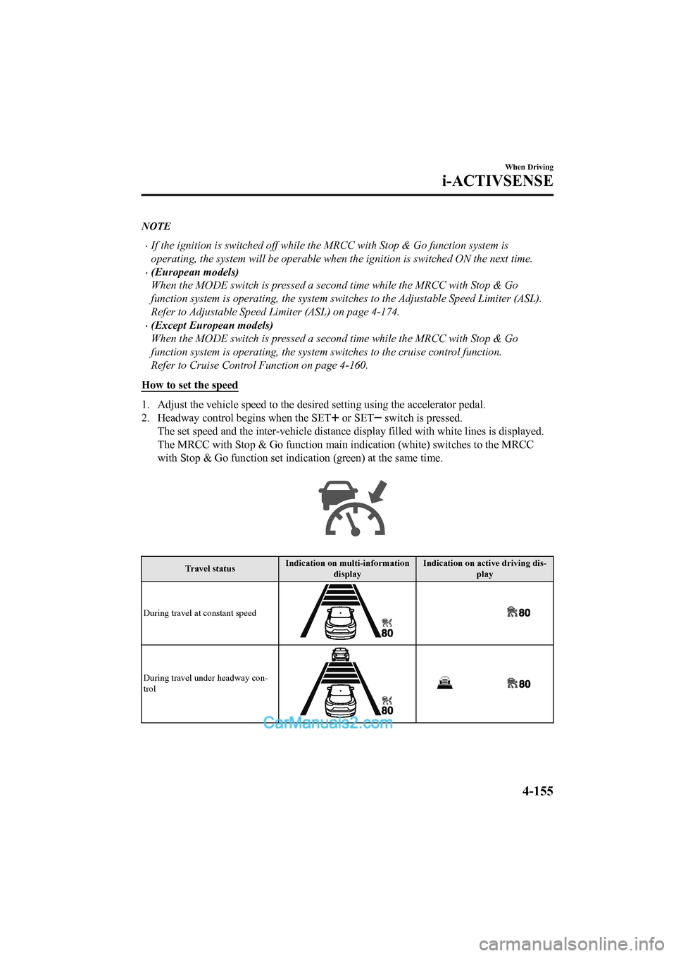 MAZDA MODEL CX-5 2017 Owners Manual - RHD (UK, Australia) (in English) NOTE
•If the ignition is switched off while the MRCC with Stop & Go function system is
operating, the system will be operable when the ignition is switched ON the next time.
•(European models)
Wh MAZDA MODEL CX-5 2017 Owners Manual - RHD (UK, Australia) (in English) NOTE
•If the ignition is switched off while the MRCC with Stop & Go function system is
operating, the system will be operable when the ignition is switched ON the next time.
•(European models)
Wh