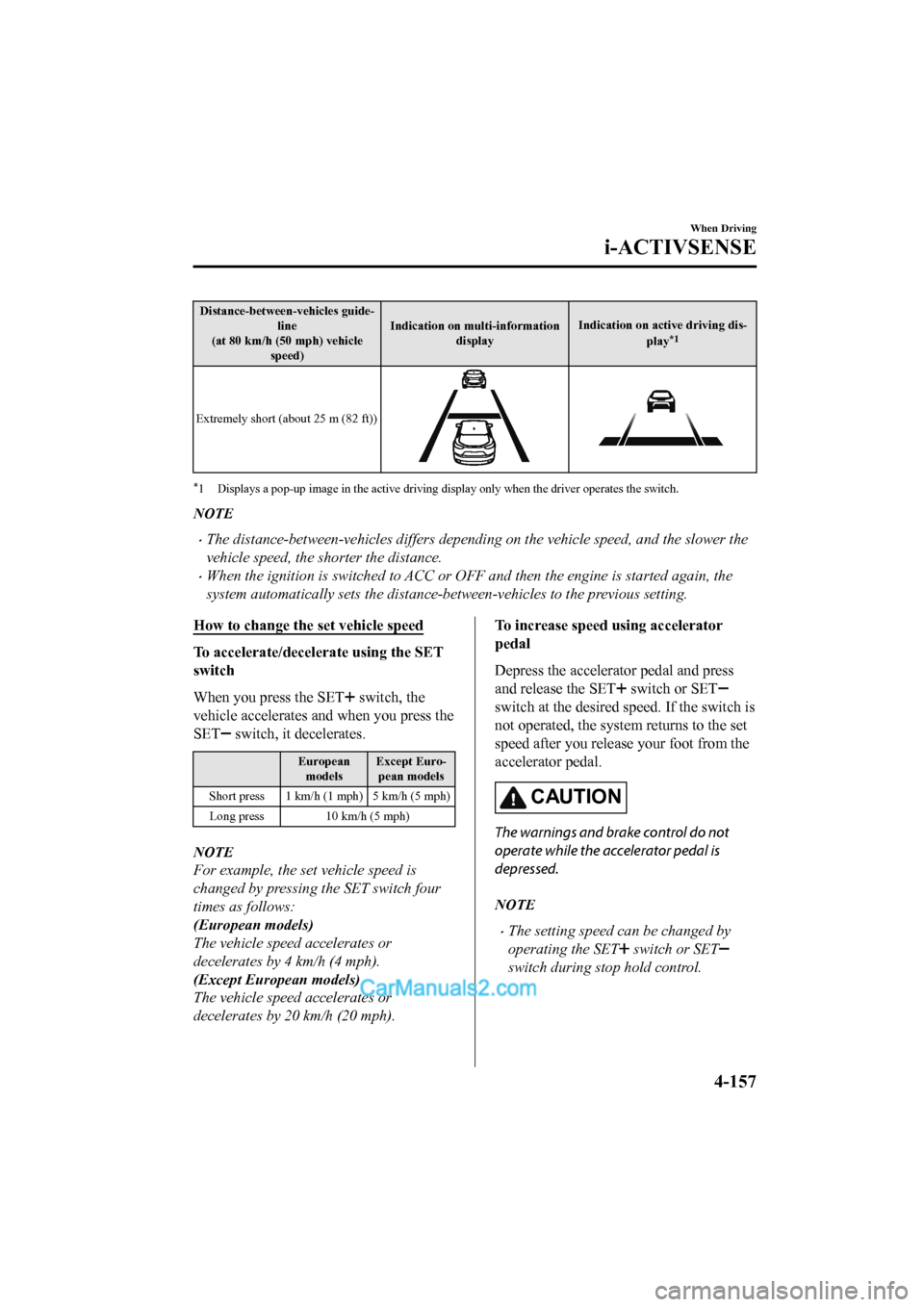 MAZDA MODEL CX-5 2017 Owners Manual - RHD (UK, Australia) (in English) Distance-between-vehicles guide-line
(at 80 km/h (50 mph) vehicle speed) Indication on multi-information
display Indication on active driving dis-
play
*1
Extremely short (about 25 m (82 ft))
*1 Displ MAZDA MODEL CX-5 2017 Owners Manual - RHD (UK, Australia) (in English) Distance-between-vehicles guide-line
(at 80 km/h (50 mph) vehicle speed) Indication on multi-information
display Indication on active driving dis-
play
*1
Extremely short (about 25 m (82 ft))
*1 Displ