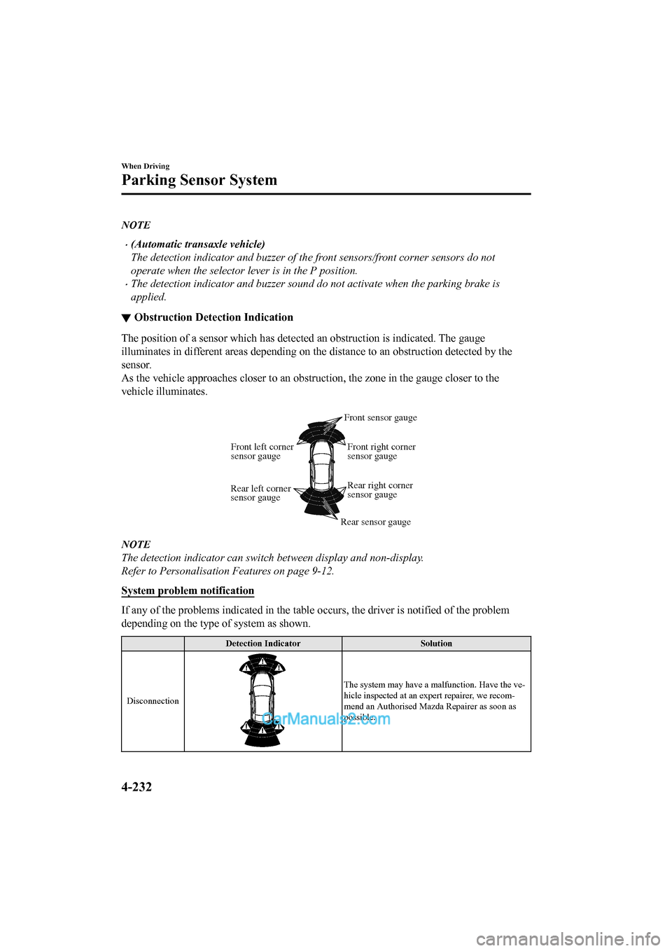 MAZDA MODEL CX-5 2017   - RHD (UK, Australia) (in English) Manual PDF NOTE
•(Automatic transaxle vehicle)
The detection indicator and buzzer of the front sensors/front corner sensors do not
operate when the selector lever is in the P position.
•The detection indicat