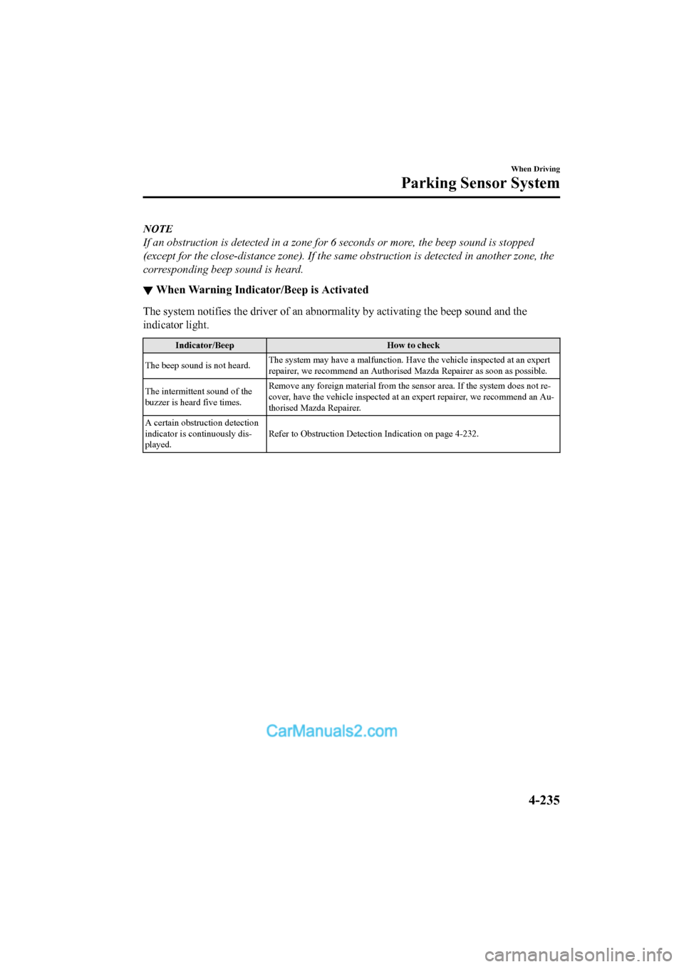 MAZDA MODEL CX-5 2017   - RHD (UK, Australia) (in English) Manual PDF NOTE
If an obstruction is detected in a zone for 6 seconds or more, the beep sound is stopped
(except for the close-distance zone). If the same obstruction is detected in another zone, the
correspondi