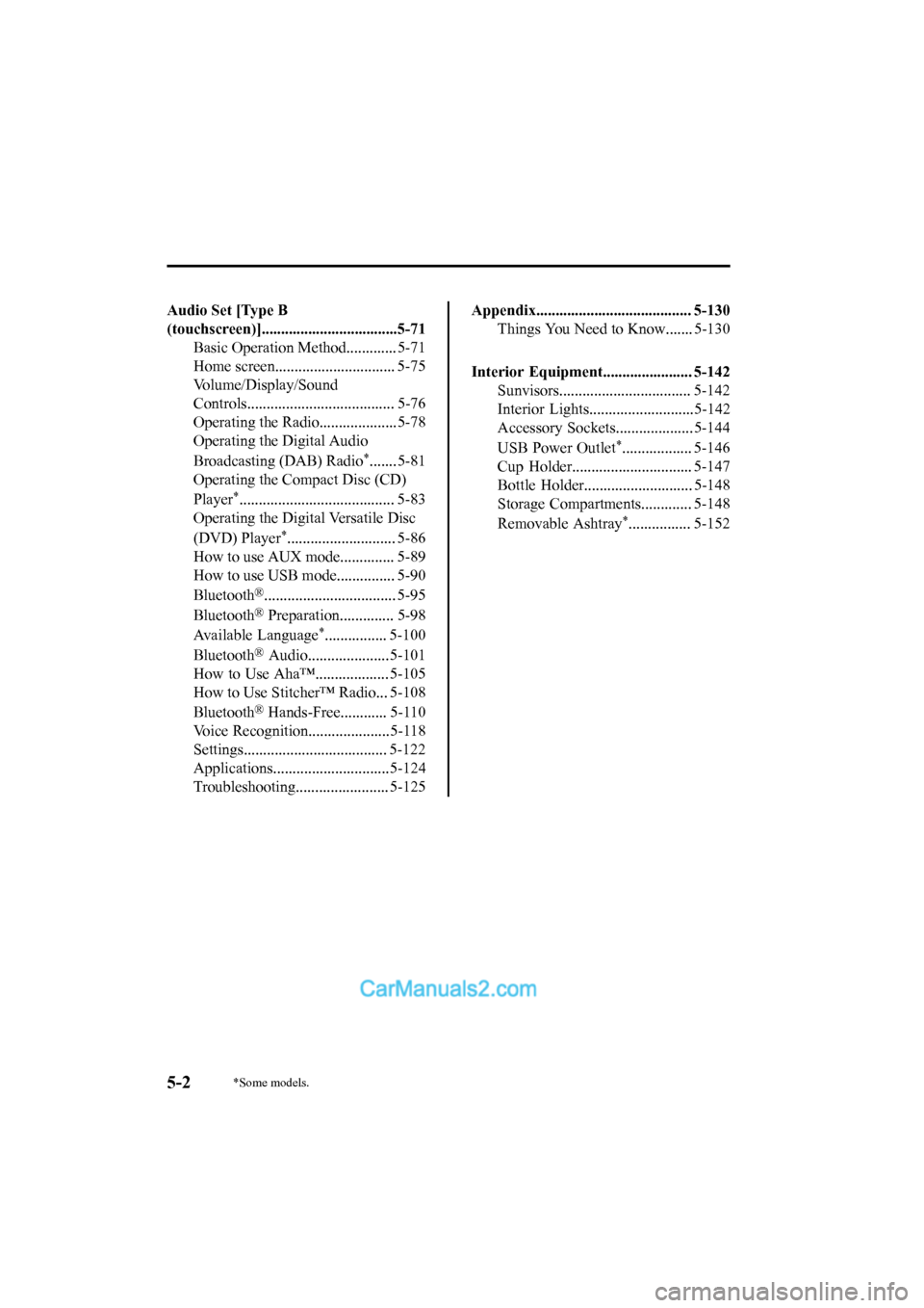 MAZDA MODEL CX-5 2017  Owners Manual - RHD (UK, Australia) (in English) Audio Set [Type B
(touchscreen)]...................................5-71Basic Operation Method............. 5-71
Home screen............................... 5-75
Volume/Display/Sound
Controls...........