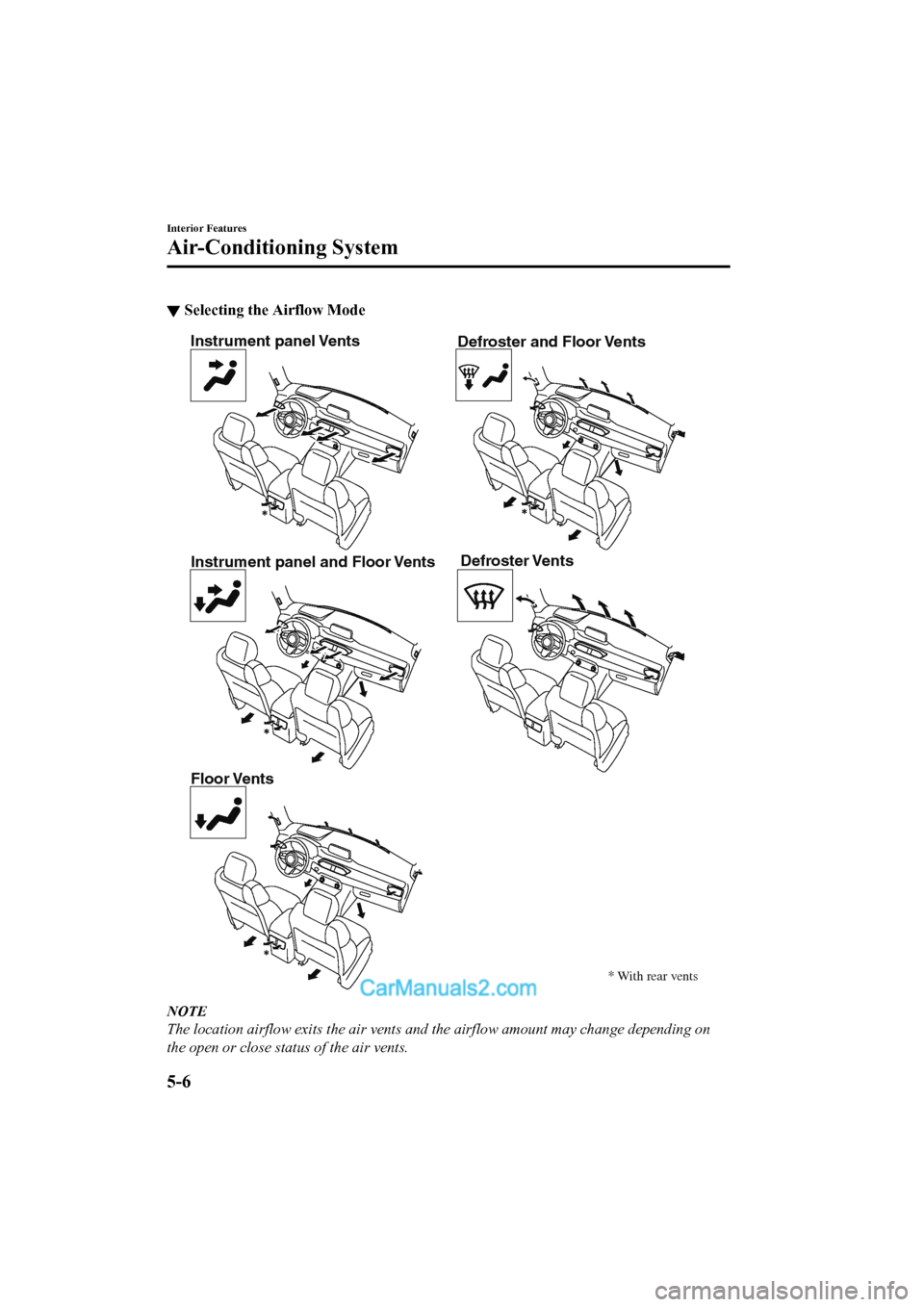 MAZDA MODEL CX-5 2017 Owners Manual - RHD (UK, Australia) (in English) ▼Selecting the Airflow Mode
Instrument panel Vents
Instrument panel and Floor Vents
Floor Vents Defroster and Floor Vents
Defroster Vents
* With rear vents
NOTE
The location airflow exits the air ve MAZDA MODEL CX-5 2017 Owners Manual - RHD (UK, Australia) (in English) ▼Selecting the Airflow Mode
Instrument panel Vents
Instrument panel and Floor Vents
Floor Vents Defroster and Floor Vents
Defroster Vents
* With rear vents
NOTE
The location airflow exits the air ve