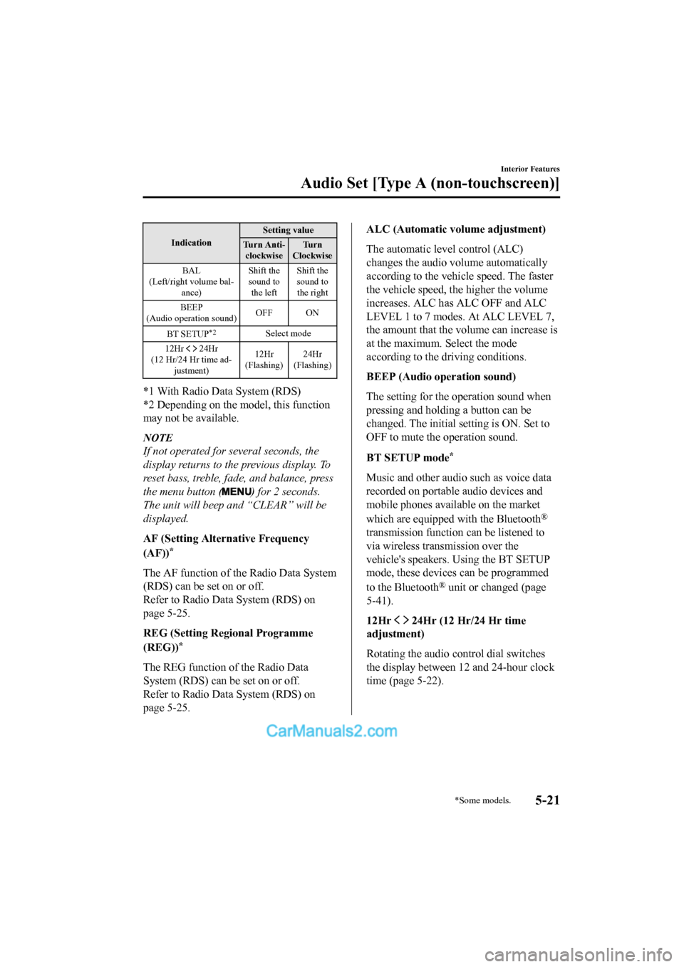 MAZDA MODEL CX-5 2017  Owners Manual - RHD (UK, Australia) (in English) IndicationSetting value
Tu r n   A n t i - clockwise Tu r n
Clockwise
BAL
(Left/right volume bal- ance) Shift the
sound to
the left Shift the
sound to
the right
BEEP
(Audio operation sound) OFF ON
BT 