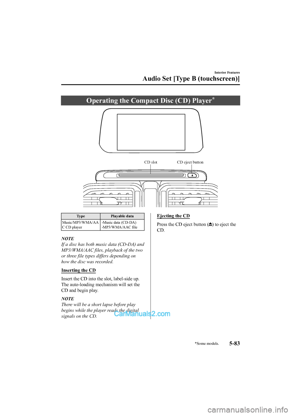MAZDA MODEL CX-5 2017  Owners Manual - RHD (UK, Australia) (in English) Operating the Compact Disc (CD) Player*
CD slot CD eject button
TypePlayable data
Music/MP3/WMA/AA
C CD player
•Music data (CD-DA)•MP3/WMA/AAC file
NOTE
If a disc has both music data (CD-DA) and
M