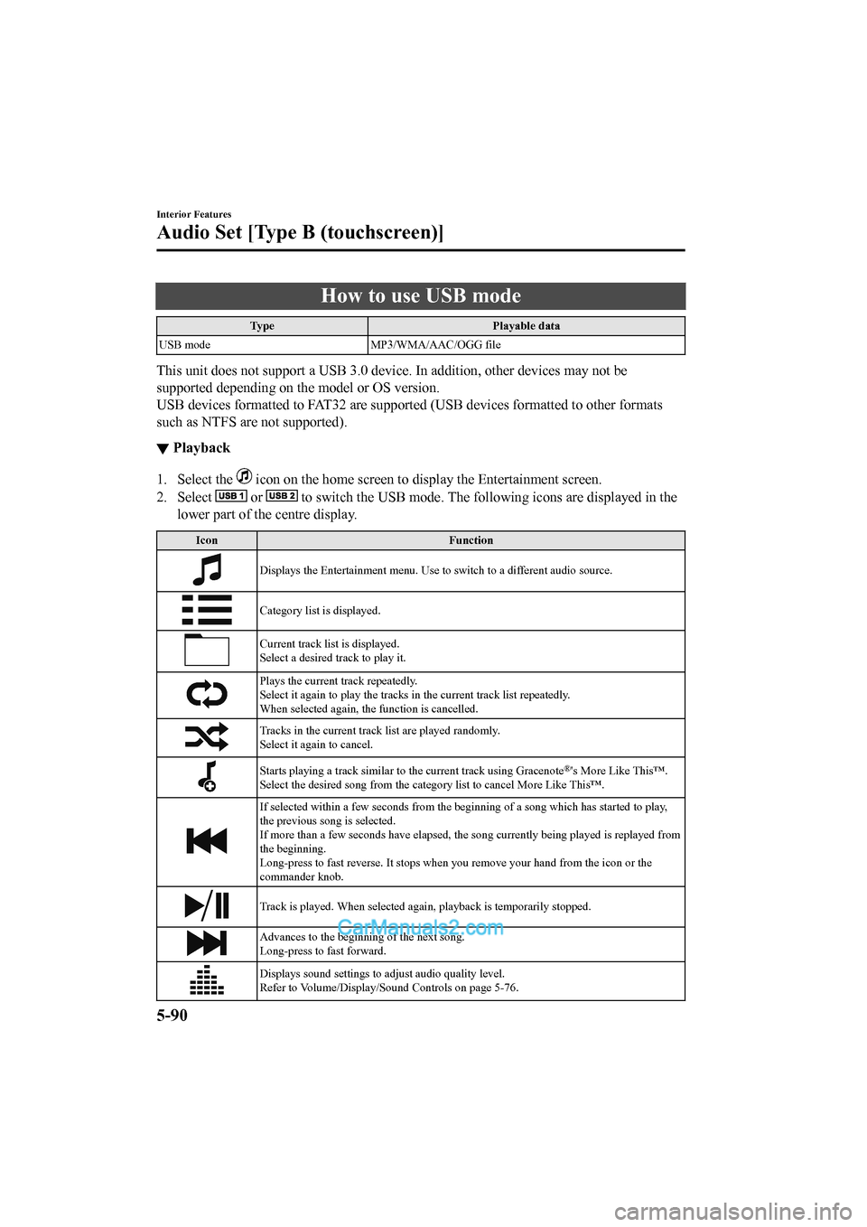 MAZDA MODEL CX-5 2017  Owners Manual - RHD (UK, Australia) (in English) How to use USB mode
TypePlayable data
USB mode MP3/WMA/AAC/OGG file
This unit does not support a USB 3.0 device. In addition, other devices may not be
supported depending on the model or OS version.
U