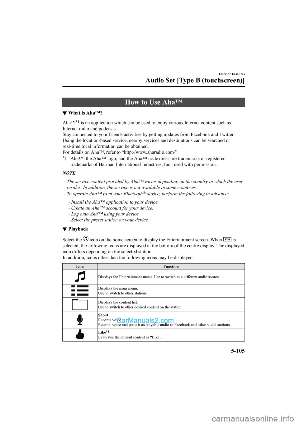 MAZDA MODEL CX-5 2017  Owners Manual - RHD (UK, Australia) (in English) How to Use Aha™
▼What is Aha™?
Aha™*1 is an application which can be used to enjoy various Internet 
content such as
Internet radio and podcasts.
Stay connected to your friends act ivities by 