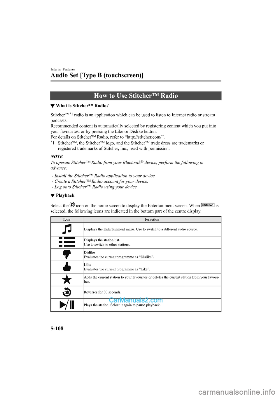 MAZDA MODEL CX-5 2017 Owners Manual - RHD (UK, Australia) (in English) How to Use Stitcher™ Radio
▼What is Stitcher™ Radio?
Stitcher™*1 radio is an application which can
be used to listen to Internet radio or stream
podcasts.
Recommended content is automatically MAZDA MODEL CX-5 2017 Owners Manual - RHD (UK, Australia) (in English) How to Use Stitcher™ Radio
▼What is Stitcher™ Radio?
Stitcher™*1 radio is an application which can
be used to listen to Internet radio or stream
podcasts.
Recommended content is automatically