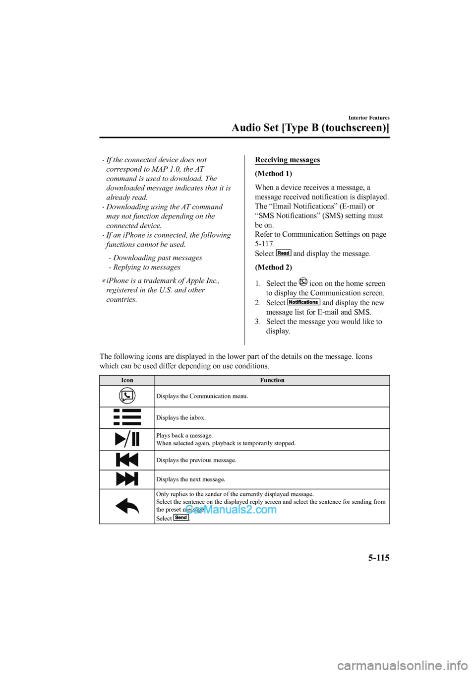 MAZDA MODEL CX-5 2017 Owners Manual - RHD (UK, Australia) (in English) •If the connected device does not
correspond to MAP 1.0, the AT
command is used to download. The
downloaded message indicates that it is
already read.
•Downloading using the AT command
may not fun MAZDA MODEL CX-5 2017 Owners Manual - RHD (UK, Australia) (in English) •If the connected device does not
correspond to MAP 1.0, the AT
command is used to download. The
downloaded message indicates that it is
already read.
•Downloading using the AT command
may not fun
