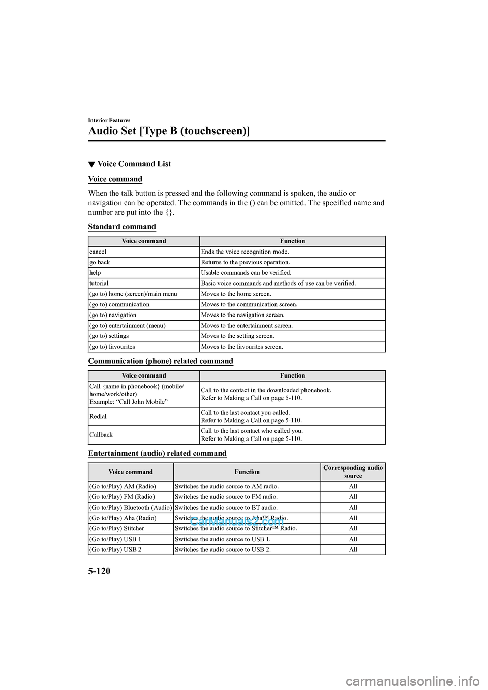 MAZDA MODEL CX-5 2017 Owners Manual - RHD (UK, Australia) (in English) ▼Voice Command List
Voice command
When the talk button is pressed and the following command is sp
oken, the audio or
navigation can be operated. The commands in the () can be omitt ed. The specified MAZDA MODEL CX-5 2017 Owners Manual - RHD (UK, Australia) (in English) ▼Voice Command List
Voice command
When the talk button is pressed and the following command is sp
oken, the audio or
navigation can be operated. The commands in the () can be omitt ed. The specified
