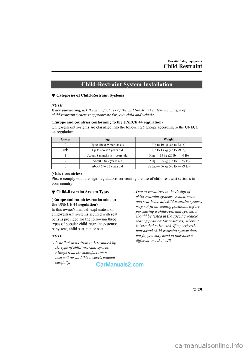 MAZDA MODEL CX-5 2017 - RHD (UK, Australia) (in English) Workshop Manual Child-Restraint System Installation
▼Categories of Child-Restraint Systems
NOTE
When purchasing, ask the manufacturer of the child-restraint system which type of
child-restraint system is appropriat MAZDA MODEL CX-5 2017 - RHD (UK, Australia) (in English) Workshop Manual Child-Restraint System Installation
▼Categories of Child-Restraint Systems
NOTE
When purchasing, ask the manufacturer of the child-restraint system which type of
child-restraint system is appropriat