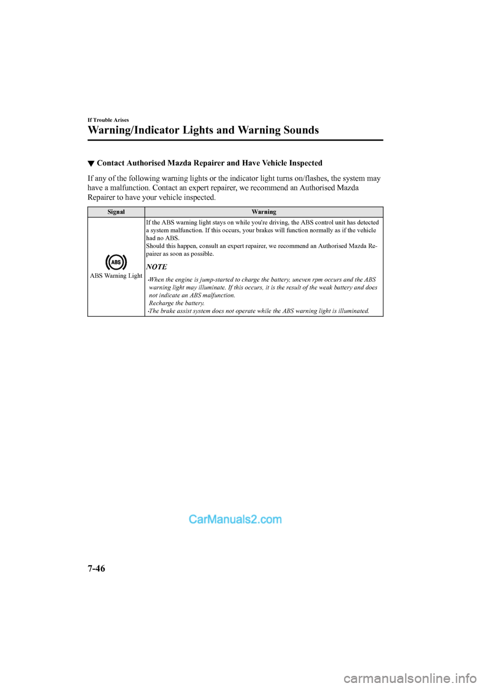 MAZDA MODEL CX-5 2017 Owners Manual - RHD (UK, Australia) (in English) ▼Contact Authorised Mazda Repai
rer and Have Vehicle Inspected
If any of the following warning lights o r the indicator light turns on/flashes, the system may
have a malfunction. Contact an expert r MAZDA MODEL CX-5 2017 Owners Manual - RHD (UK, Australia) (in English) ▼Contact Authorised Mazda Repai
rer and Have Vehicle Inspected
If any of the following warning lights o r the indicator light turns on/flashes, the system may
have a malfunction. Contact an expert r