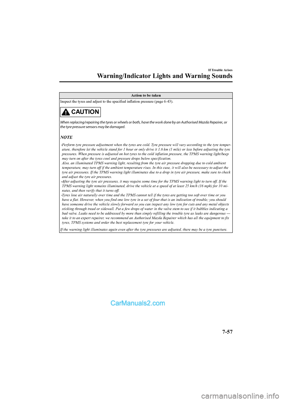 MAZDA MODEL CX-5 2017   - RHD (UK, Australia) (in English) Manual Online Action to be taken
Inspect the tyres and adjust to the specified inflation pressur e (page 6-43).
CAUTION
When replacing/repairing the tyres or wheels or both, have the work done by an Authorised Mazd