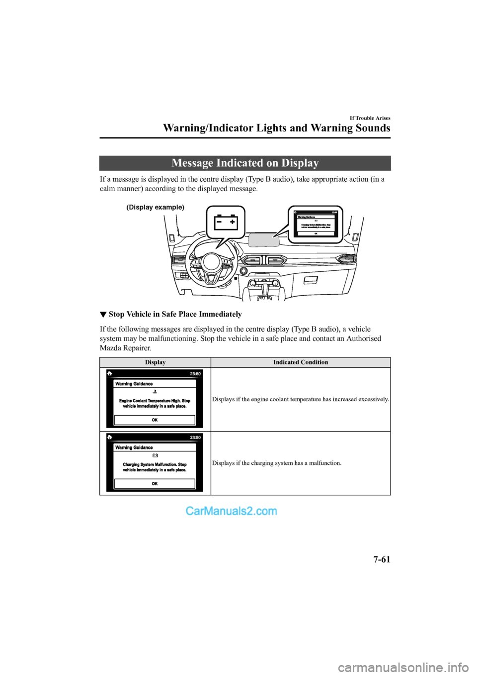 MAZDA MODEL CX-5 2017 Owners Manual - RHD (UK, Australia) (in English) Message Indicated on Display
If a message is displayed in the centre display (Type B audio), take appropriate action (in a
calm manner) according to the displayed message.
(Display example)
▼ Stop MAZDA MODEL CX-5 2017 Owners Manual - RHD (UK, Australia) (in English) Message Indicated on Display
If a message is displayed in the centre display (Type B audio), take appropriate action (in a
calm manner) according to the displayed message.
(Display example)
▼ Stop