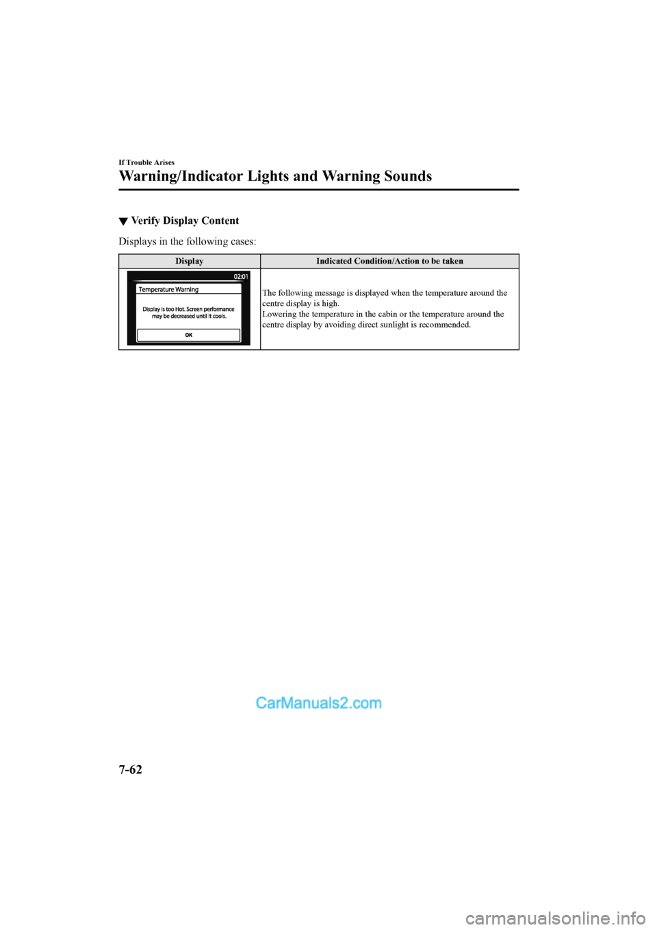 MAZDA MODEL CX-5 2017 Owners Manual - RHD (UK, Australia) (in English) ▼Verify Display Content
Displays in the following cases:
Display
Indicated Condition/Action to be taken
The following message is displayed when the temperature around the
centre display is high.
Low MAZDA MODEL CX-5 2017 Owners Manual - RHD (UK, Australia) (in English) ▼Verify Display Content
Displays in the following cases:
Display
Indicated Condition/Action to be taken
The following message is displayed when the temperature around the
centre display is high.
Low