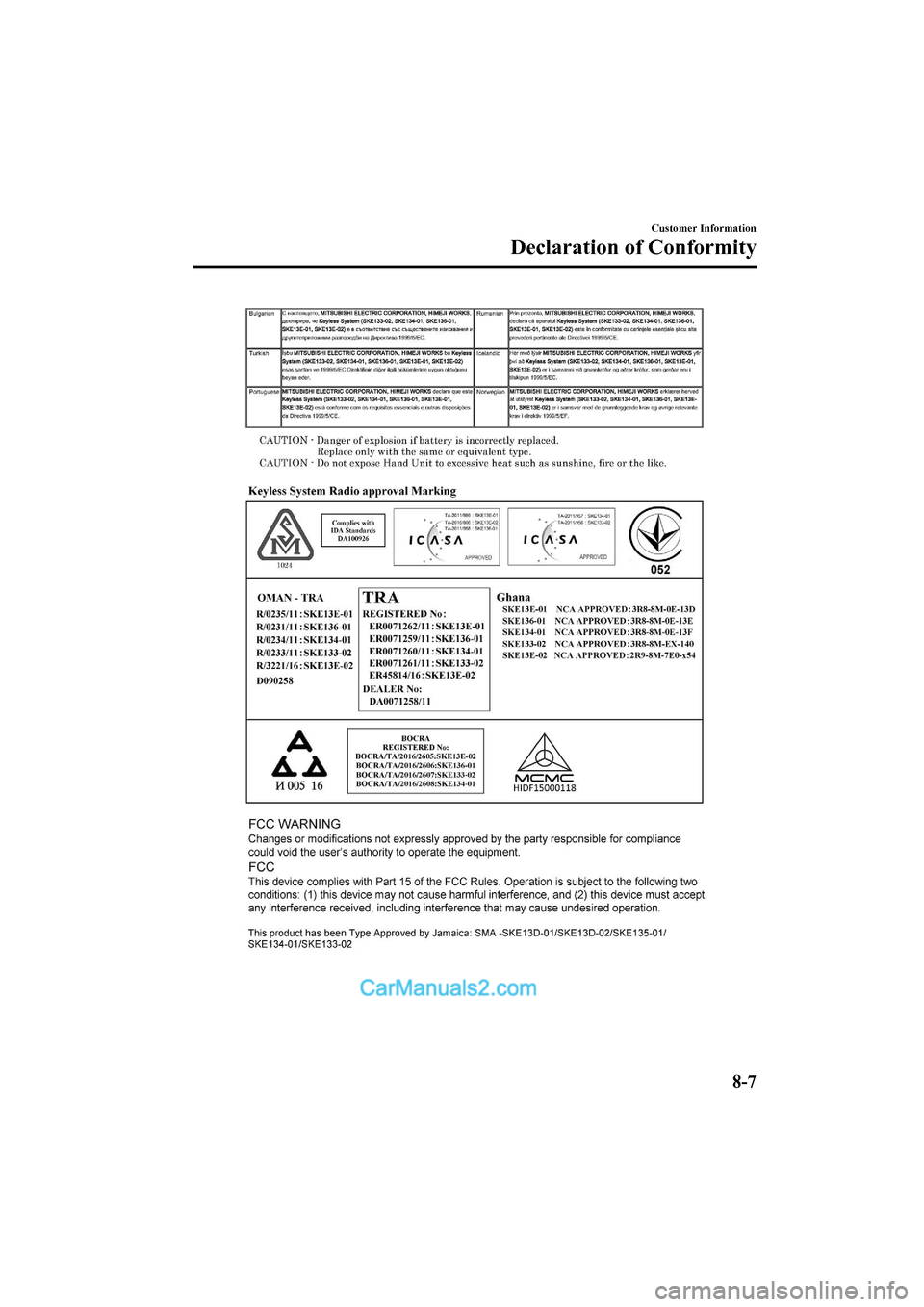 MAZDA MODEL CX-5 2017  Owners Manual - RHD (UK, Australia) (in English) Customer Information
Declaration of Conformity
8-7
2017-6-7 7:51:19Form No. CX-5 8FY4-EE-17E+L_Edition2  