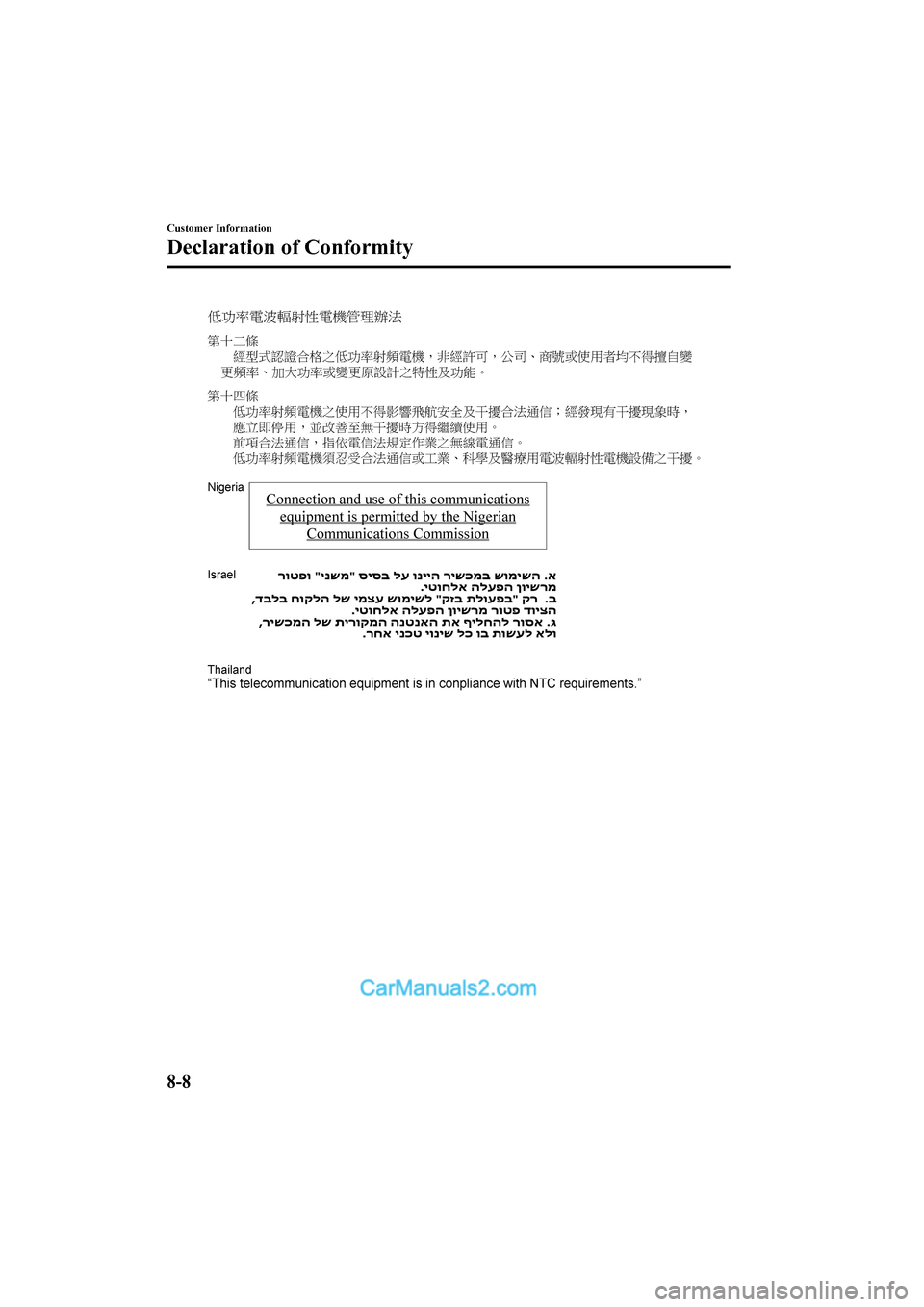 MAZDA MODEL CX-5 2017  Owners Manual - RHD (UK, Australia) (in English) Customer Information
Declaration of Conformity
8-8
2017-6-7 7:51:19Form No. CX-5 8FY4-EE-17E+L_Edition2  